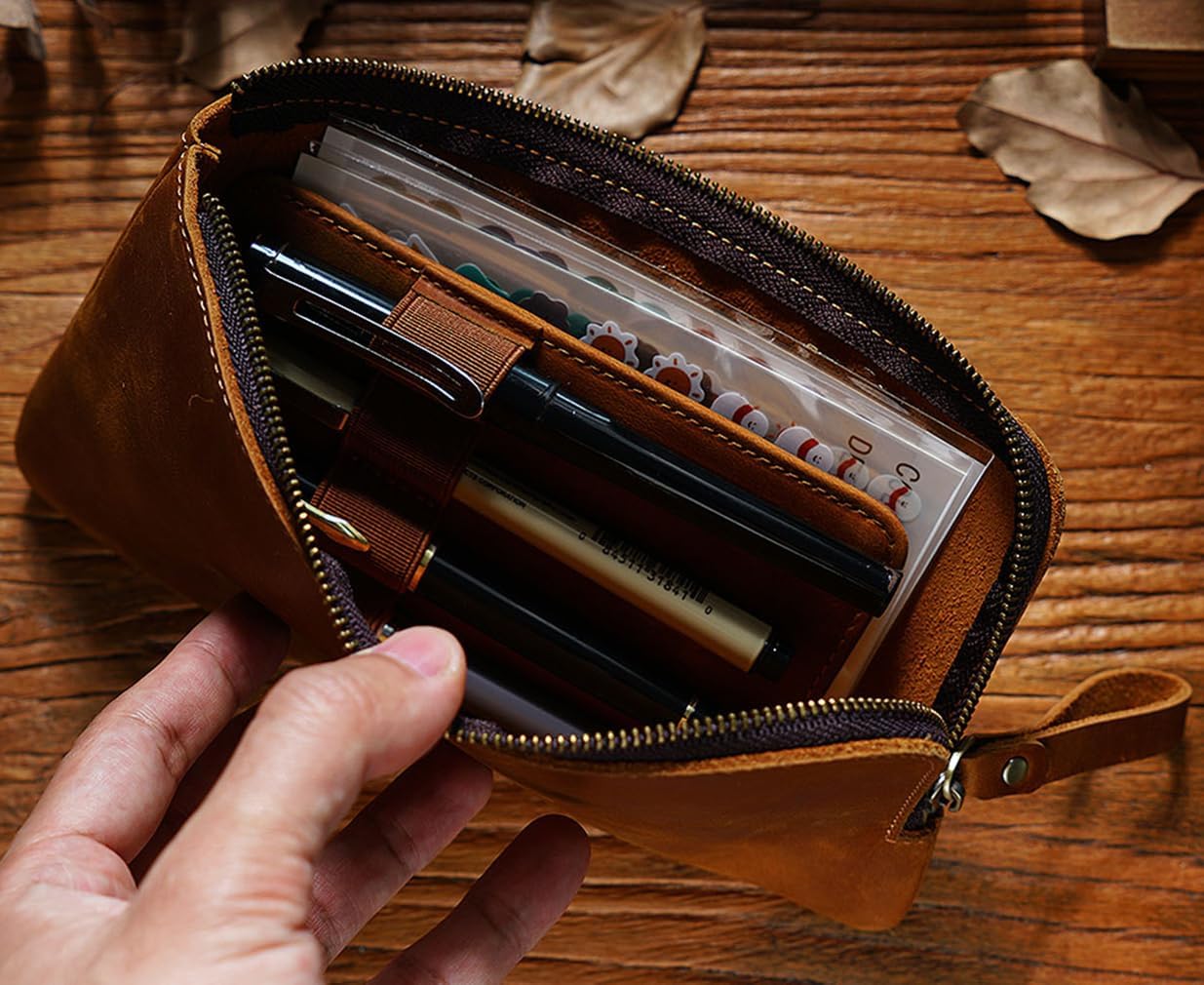 Leather 4 Fountain Pen/Pencil Tray Case Organizer, Zipper Closure with Drawer, Stationery Bag Pen Holder for Work & Office (Brown)