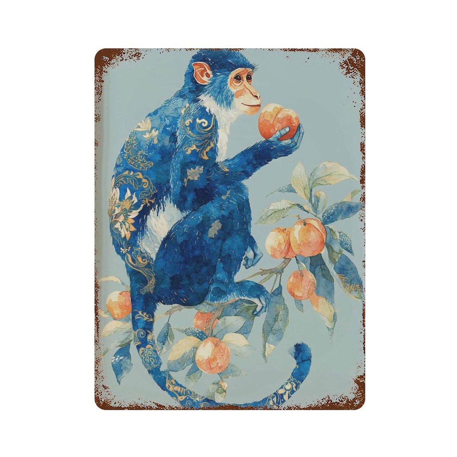 xiaoxiaoshen Blue Monkey – Decorative Jungle Animal Peach Tree Whimsical Botanical Wall Decor Art Metal Tin Poster Modern Home Decor Art Home Bar Shop Decorations Vintage Sign 40x30cm