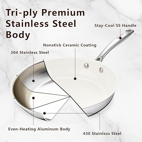 Miniatura 2 de Sartén de acero inoxidable de tres capas de 8 pulgadas, sartén de cerámica antiadherente, sartén con mango que se mantiene fresco, no tóxico, sin