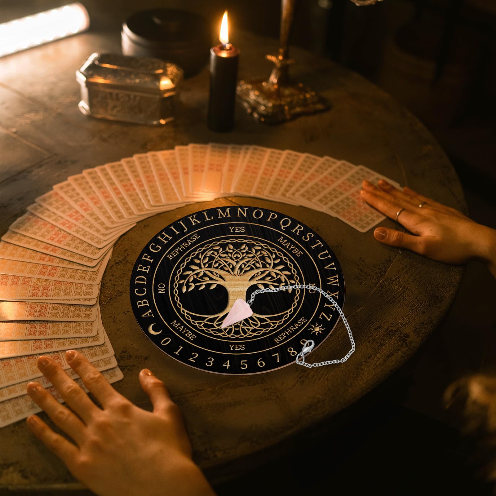 AHANDMAKER Set di Tavole a Pendolo Tavola di Divinazione di Radiestesia Tavola di Messaggio Metafisica con Collana a Pendolo in Cristallo per Forniture di Altare di Stregoneria, Albero della Vita