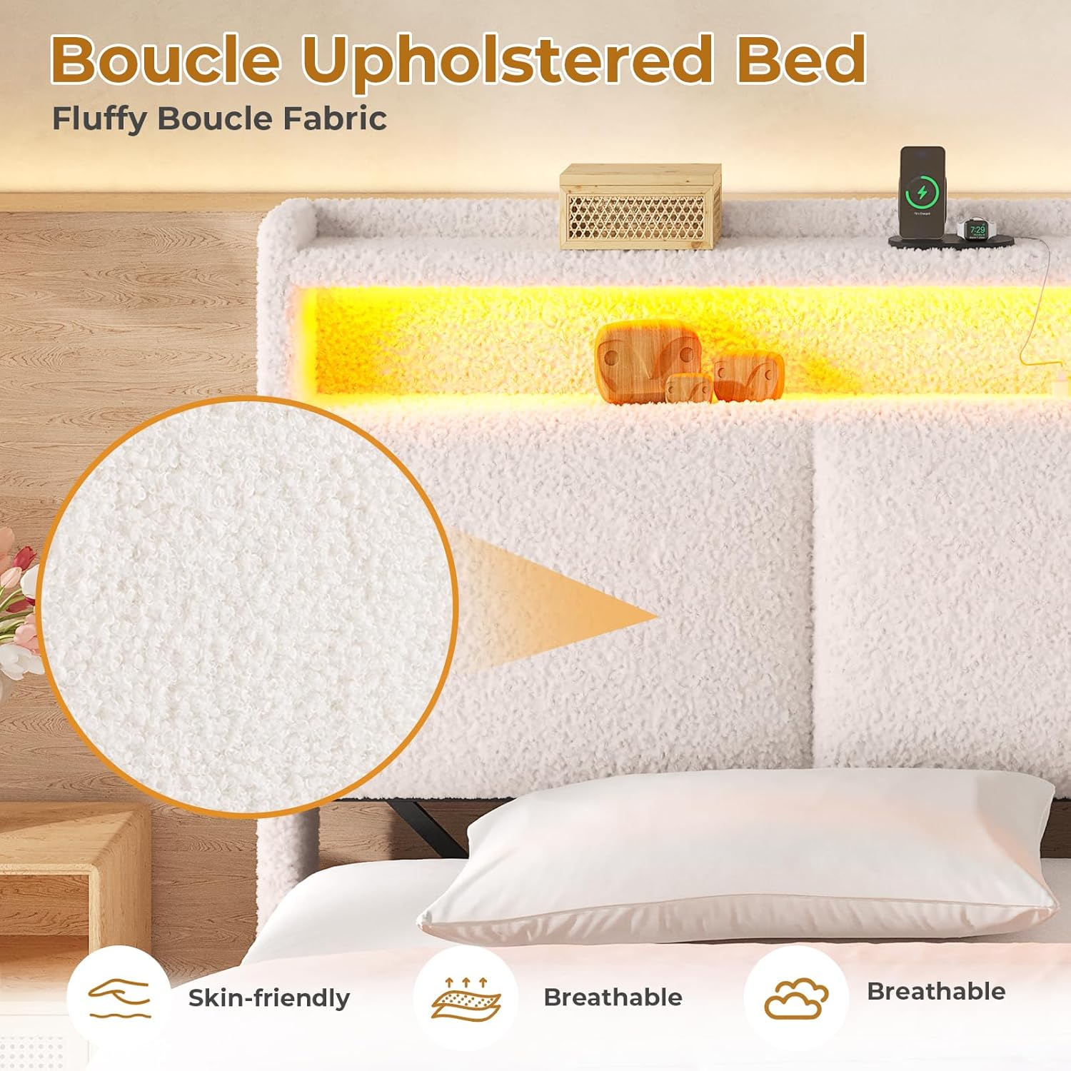 MSmask Upholstered Boucle Bed Frame King Size with Storage Headboard and Charging Station, Soft Platform Bed with LED Lights and 4 Drawers, No Box Spring Needed, Off-White