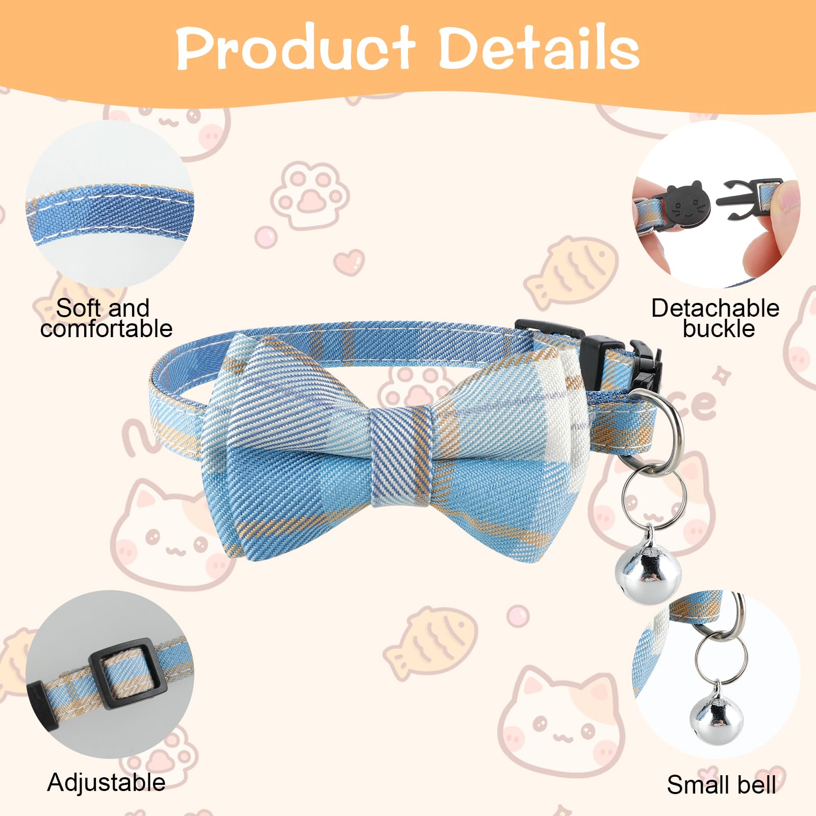 Jeffdad Katzenhalsband, mit Glöckchen, Fliege, kariert, verstellbar, für Kätzchen, Welpen und kleine Haustiere, 2 Stück (blau und weiß kariert)