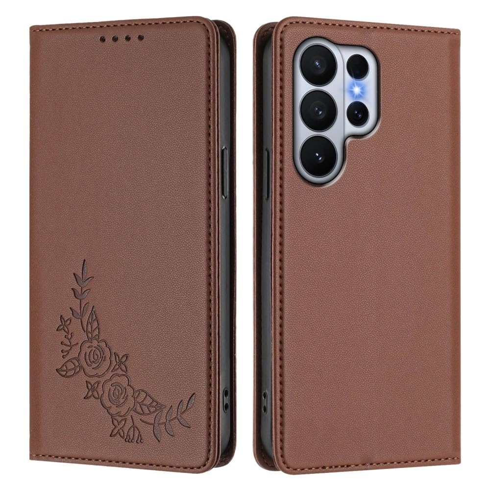 Étui Samsung Galaxy S22 Plus portefeuille marron antichoc clapet fleurs - 8