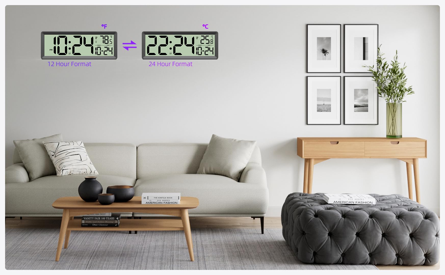 35,6 cm große digitale Wanduhr, batteriebetrieben mit Temperatur, Datum, Sommerzeit, große Digitaluhr für Küche, Bauernhaus, Schlafzimmer, Badezimmer, Klassenzimmer, Büro, Wohnzimmer – modern, leise