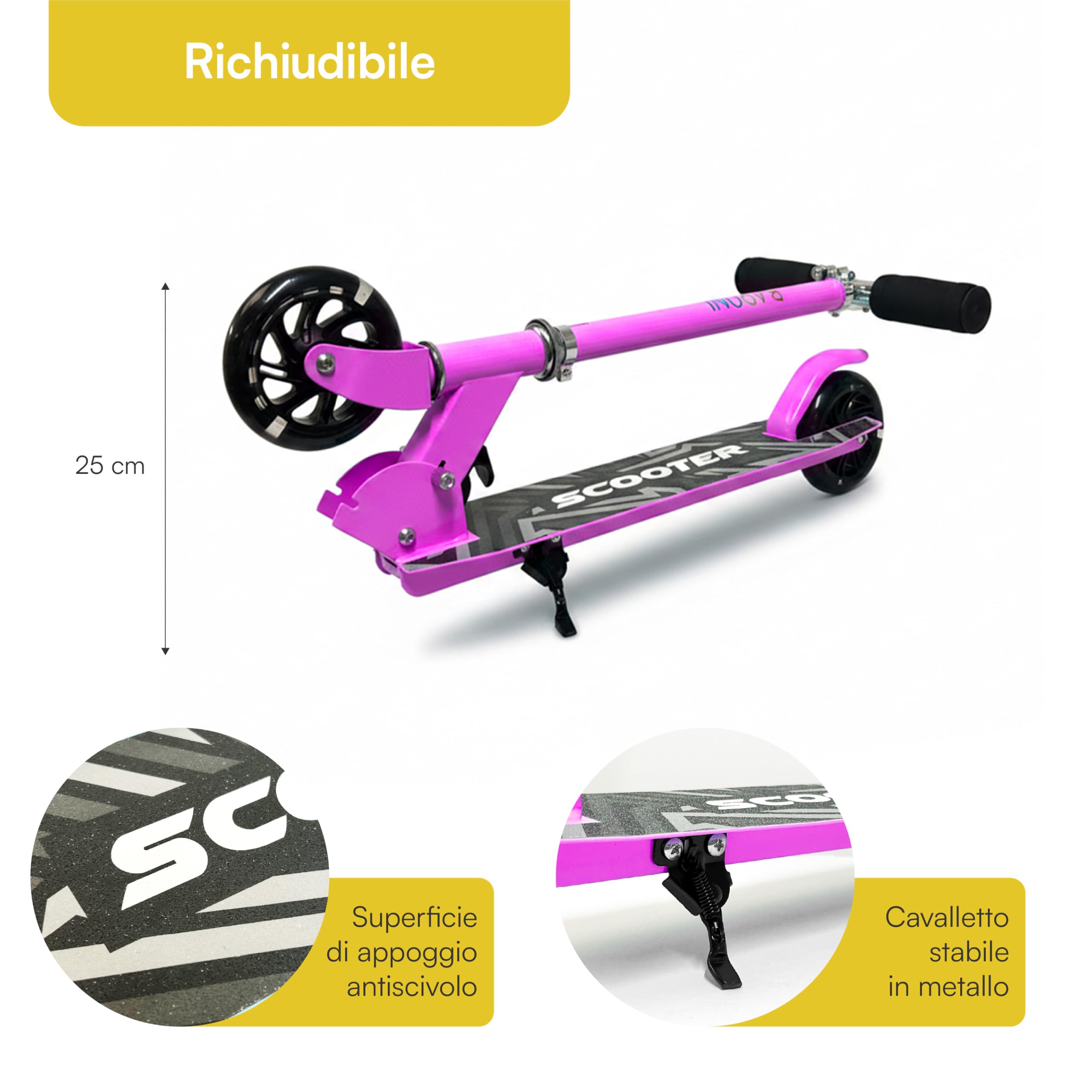 Baroni Toys Monopattino per Bambini dai 3 Anni con Ruote LED, Monopattino in Ferro, LED Senza Batterie, Manubrio Regolabile 60-80 cm, Richiudibile e Salvaspazio, Freno Posteriore, 28x70x80cm