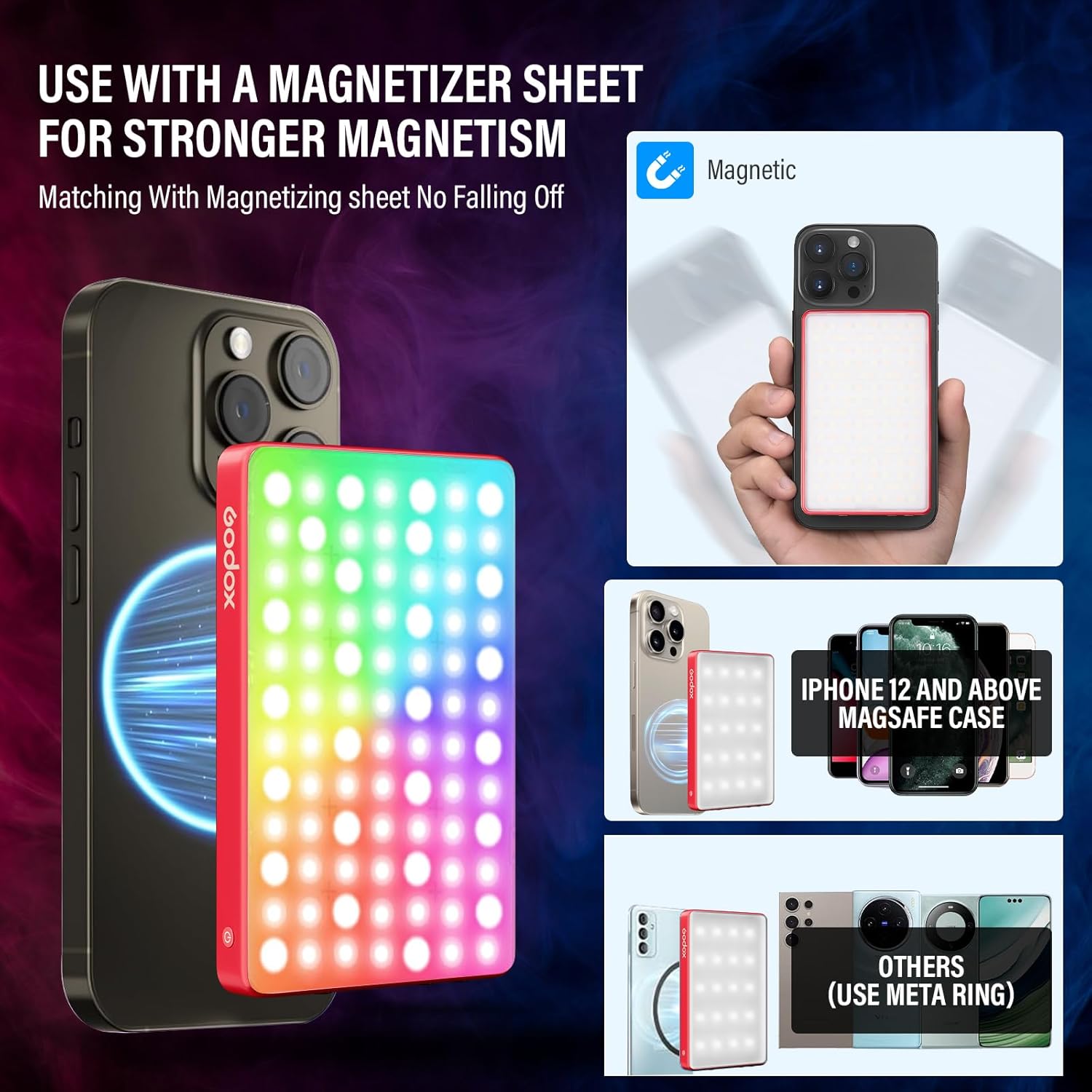 GODOX MA5R LED Fill Light with Soft Diffuser Magnetic Charging Phone Selfie Lighting Mini on Camera Lights 1800K-10000K 14 FX Modes for Selfies, YouTube, TikTok, Vlogging, Video Conferences (Red)