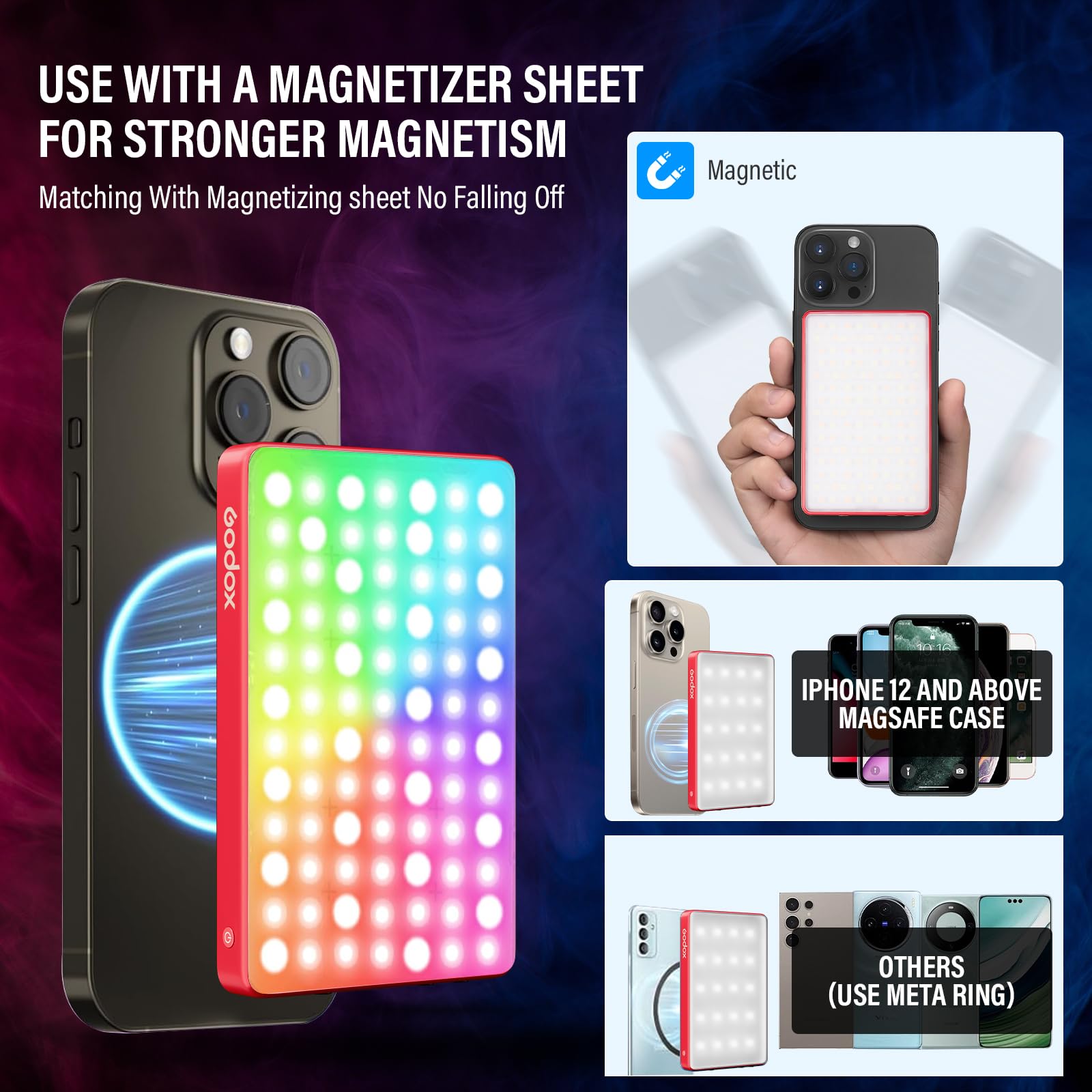 GODOX MA5R Lumière vidéo RVB magnétique Full Colour 1800K-10000K 14 effets pré-programmés pour appareil photo reflex numérique (rouge)