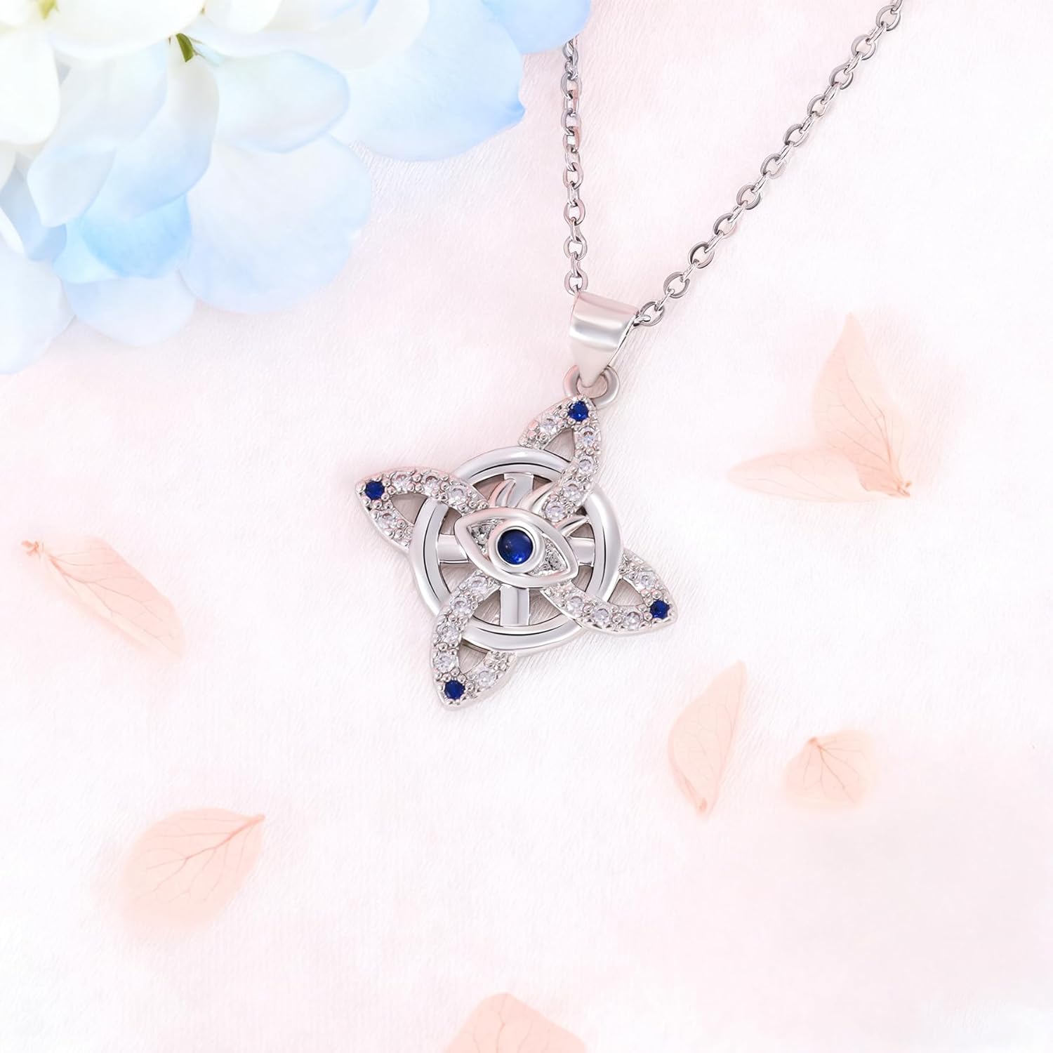 Celtic Knot Necklace for Women S925 Sterling Silver Blue CZ Evil Eye Pendant Necklace Celtic Viking Witches Trinity Knot Nudo de Bruja Triangle Irish Protection Jewelry Gift for Daughter Mother - Image 3