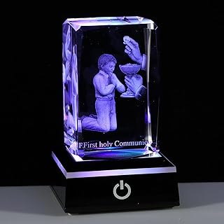 Qianwei First Communion Gifts for Boys, 3D Engraving Crystal Praying Boy John Figurine First Communion Veil Decoration, Baptism Gifts for Boy Catholic