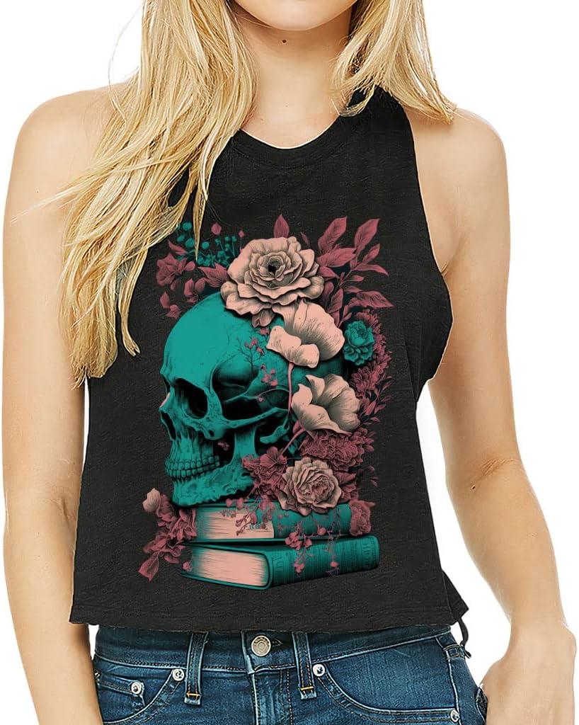 Skull Racerback Cropped Tank - Gothic Women's Tank - Illustration Tank Top - Black, S