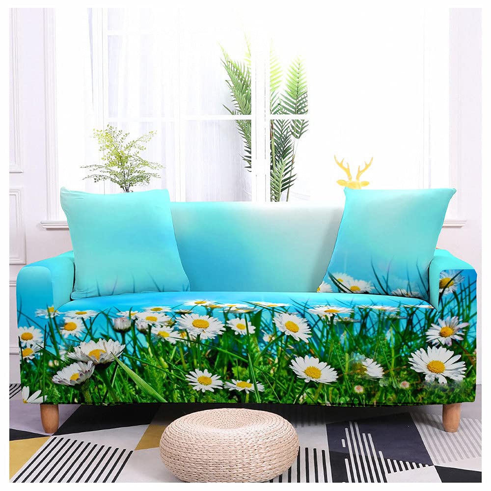 Housse de canapé extensible pour rénover un salon usé avec motif marguerite