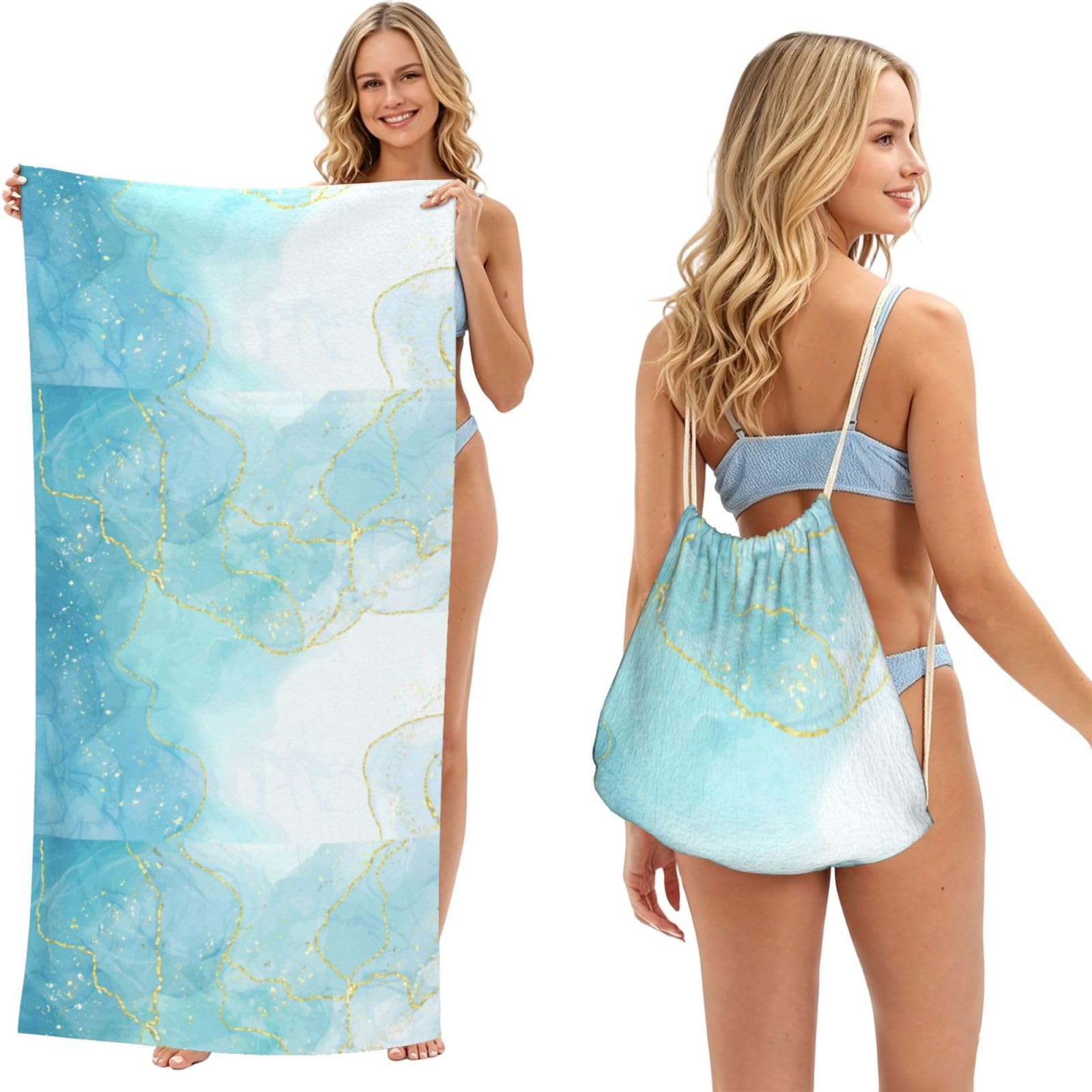 Poadnly As Picture Blue Liquid Marble, 2 In 1 Packable Towel Bag, Beach Towels With Drawstring Backpack For Travel Holiday Camping