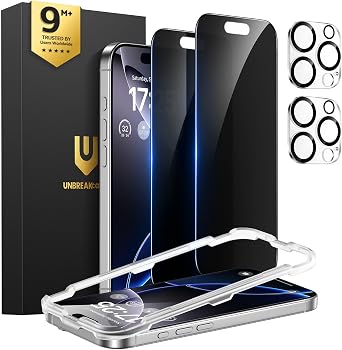 UNBREAKcable iPhone 16 Pro Privacy Screen Protector 2-Pack, Upgraded Dual-Tempered Glass + 2 Camera Lens Protectors, 25 Anti-Spy, Military-Grade 9H+, HD Clear, Anti-Fingerprint, 6.3 Inch