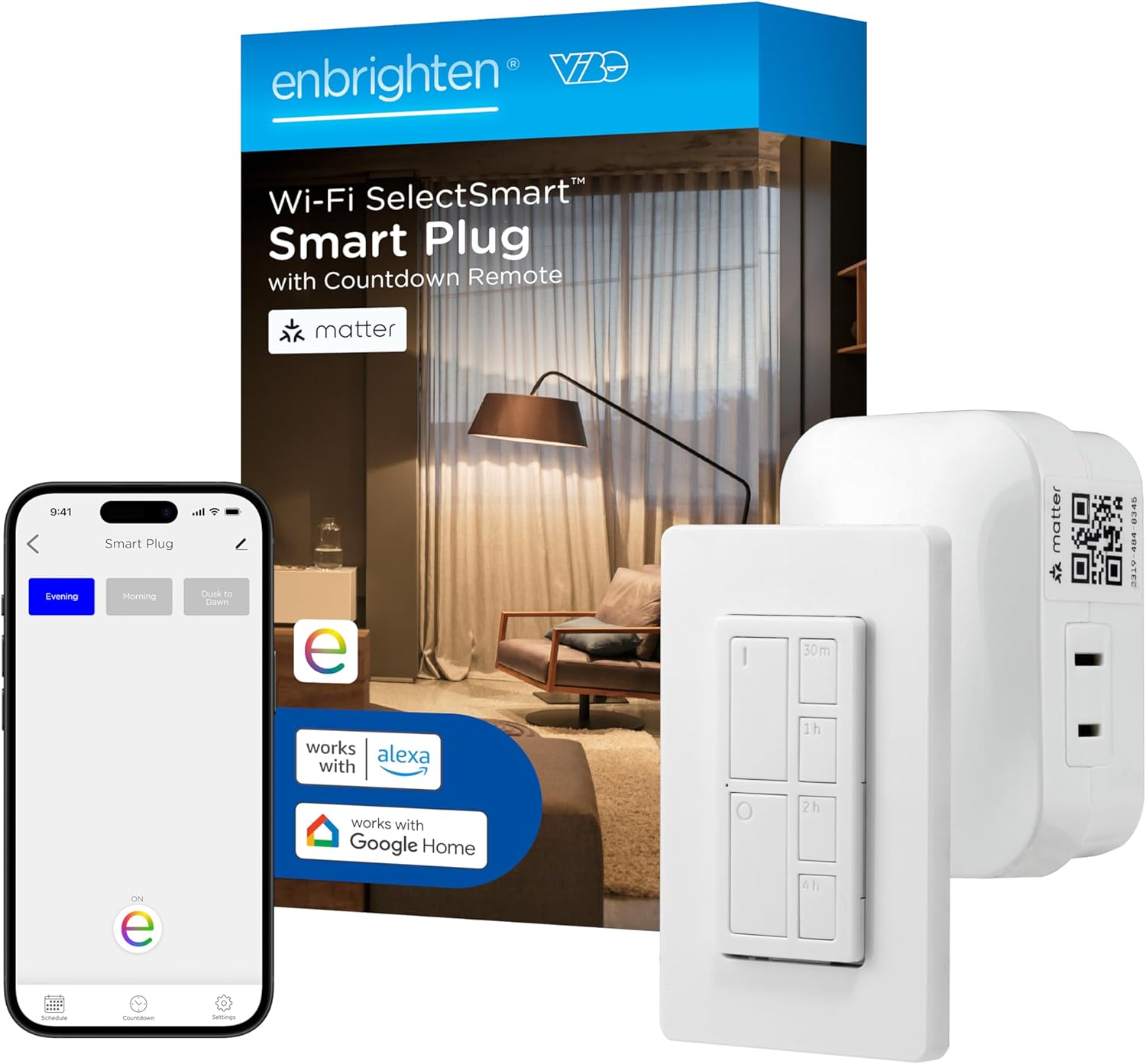 Enbrighten Vibe Smart Plug-in Outlet, Matter, 1 Polarized Outlet, Lighting Control, Includes Wireless Countdown Remote, No Hub Required, Works with Alexa, Google Home, White, 62719 Enbrighten Vibe Smart Plug-in Outlet, Matter, 1 Polarized Outlet, Lighting Control, Includes Wireless Countdown Remote, No Hub Required, Works with Alexa, Google Home, White, 62719