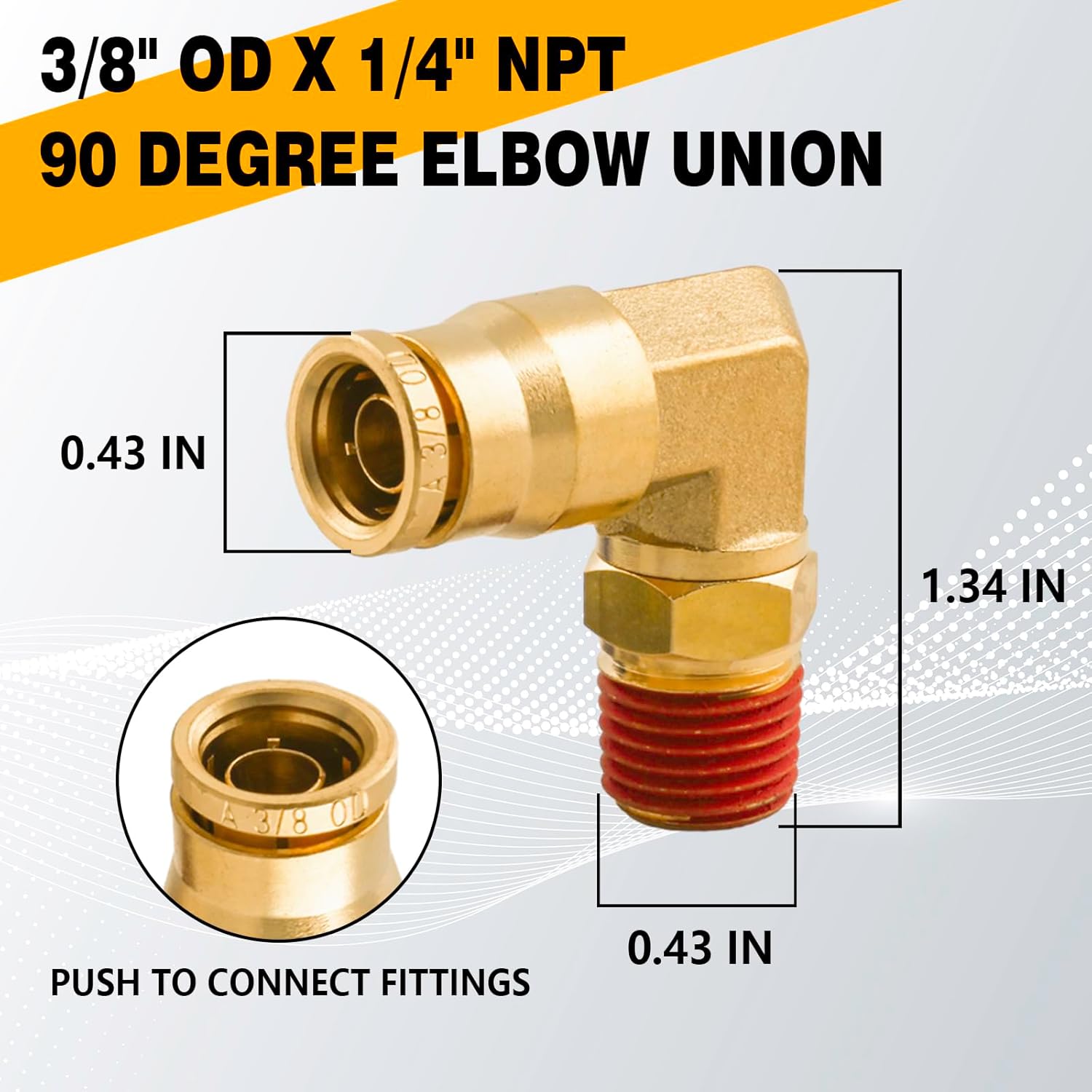 3/8" 90 Degree Elbow Union Brass DOT Push to Connect Air Line Fittings, 3/8" OD Tube x1/4" NPT Air Brake Line Quick Fitting Connectors for Truck Trailers or Industry Air System(5PCS)