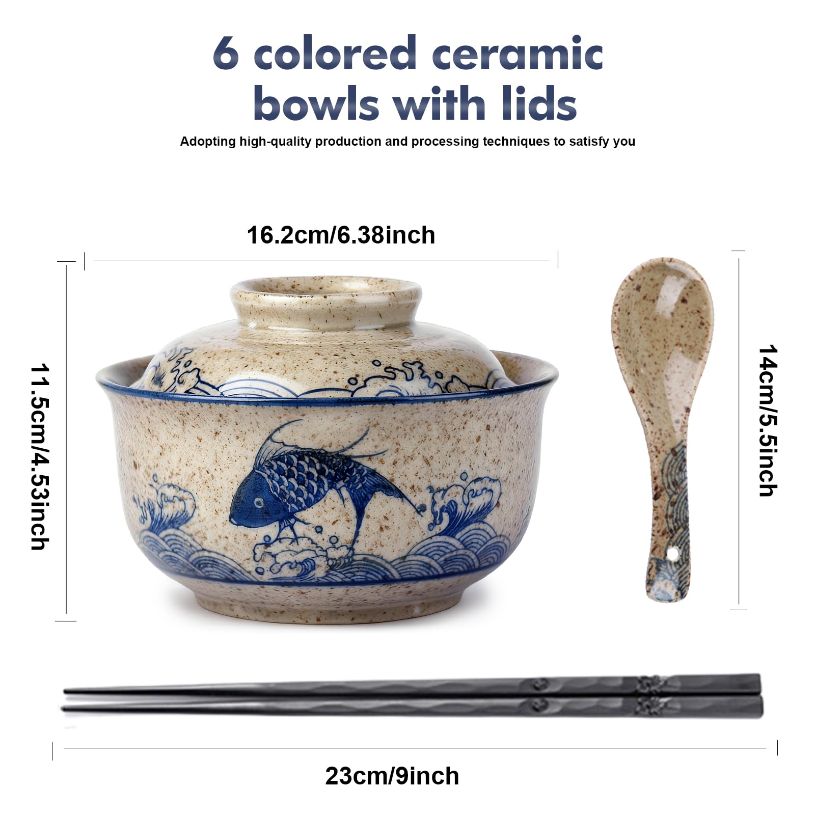 Set di 2 ciotole ramen, 800 ml, set di ciotole ramen, in ceramica con cucchiaio, bacchette, ciotola giapponese ramen, ciotola con coperchio, stoviglie asiatiche per casa e ristorante