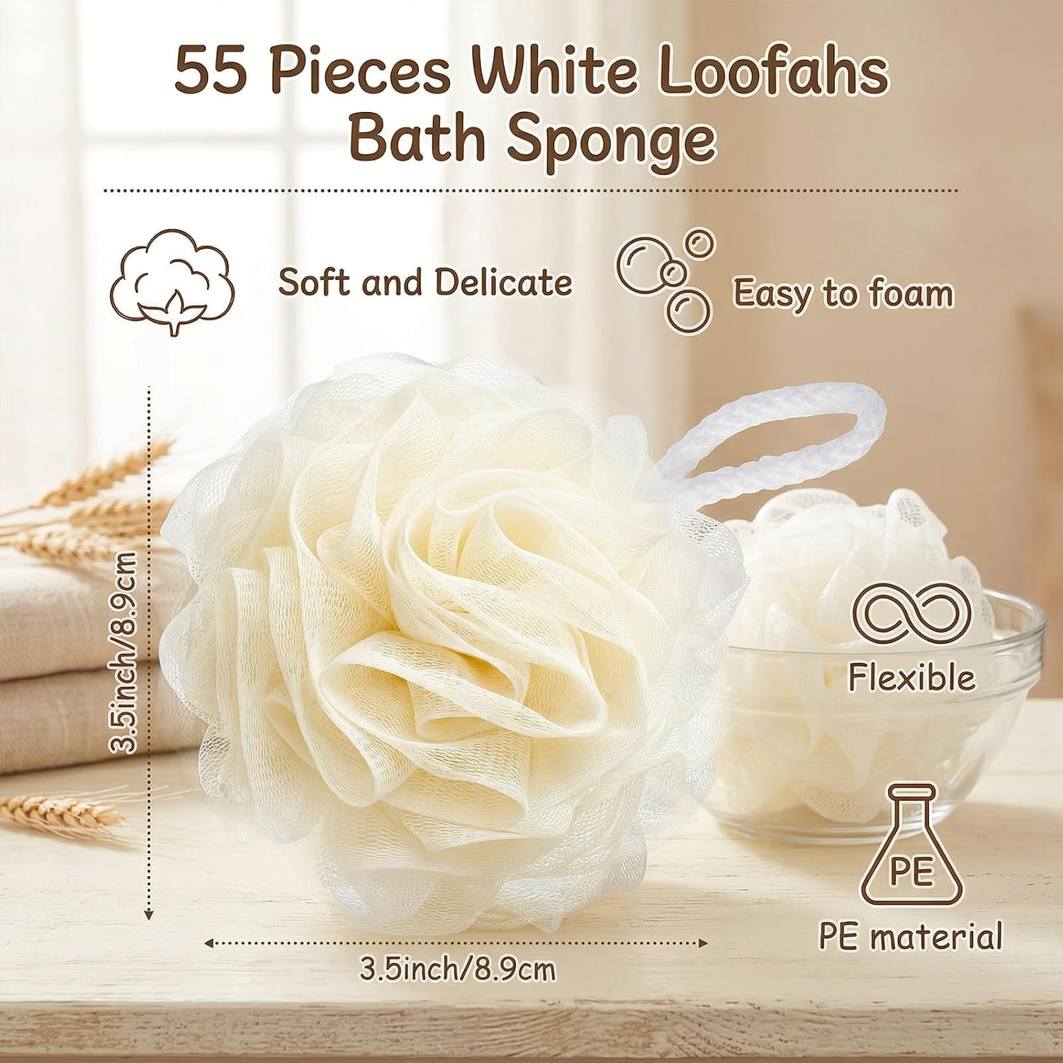 55 Pack Loofah Sponge Bath Sponge, Mesh Shower Ball Bulk Set of 3.5 Inch Exfoliating Body Scrubber Pouf for Women & Men