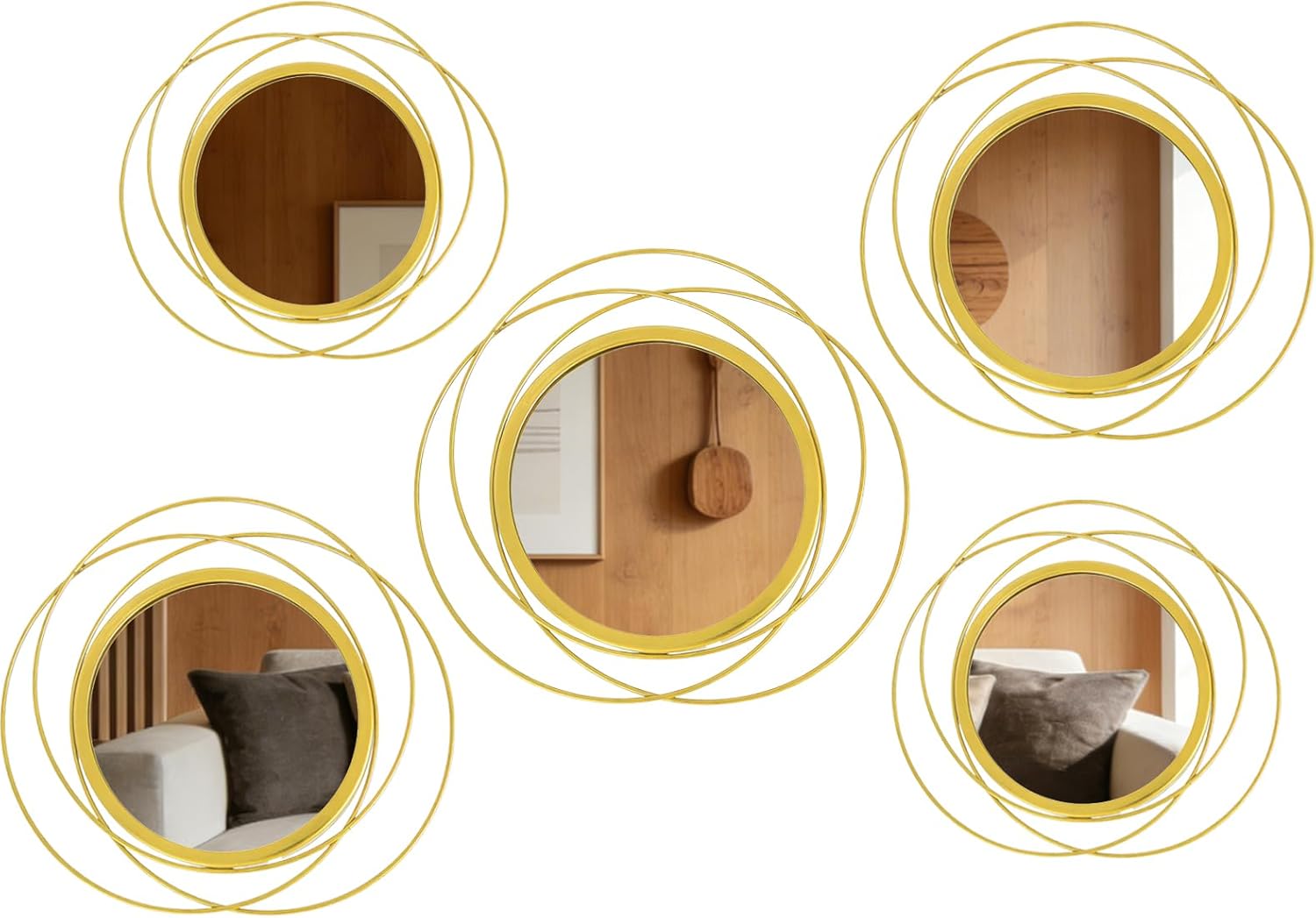 5 Pcs Decorative Round Modern Gold Circle Mirror Metal Wall Mounted Mirror Wall Art Ring for Hallway, Entryway, Living Room, Dining Room, Bedroom
