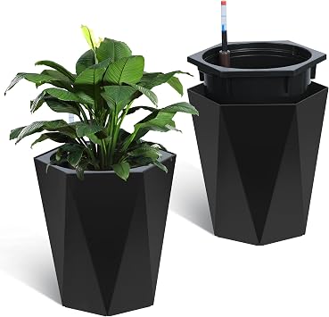 Garvee 16" Tall Planters Set of 2, Self-Watering Planters, Diamond Planters for Outdoor Plants, Plants Pot with Water Level Monitor for Patio, Porch, Living Room, Home Office,Black