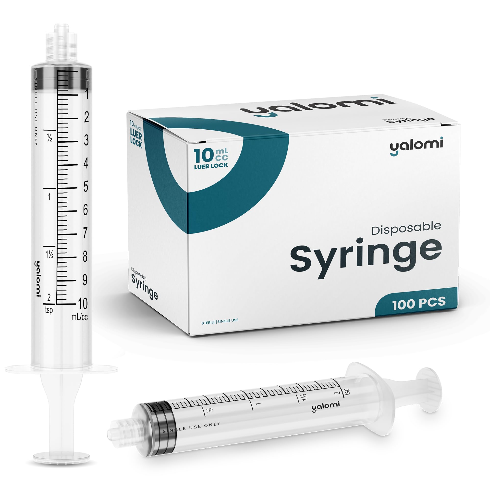 10mL Luer Lock Syringe (No Needle) | Sterile & Individually Wrapped | Professional, Industrial & Personal Use | 100 Pack | Yalomi