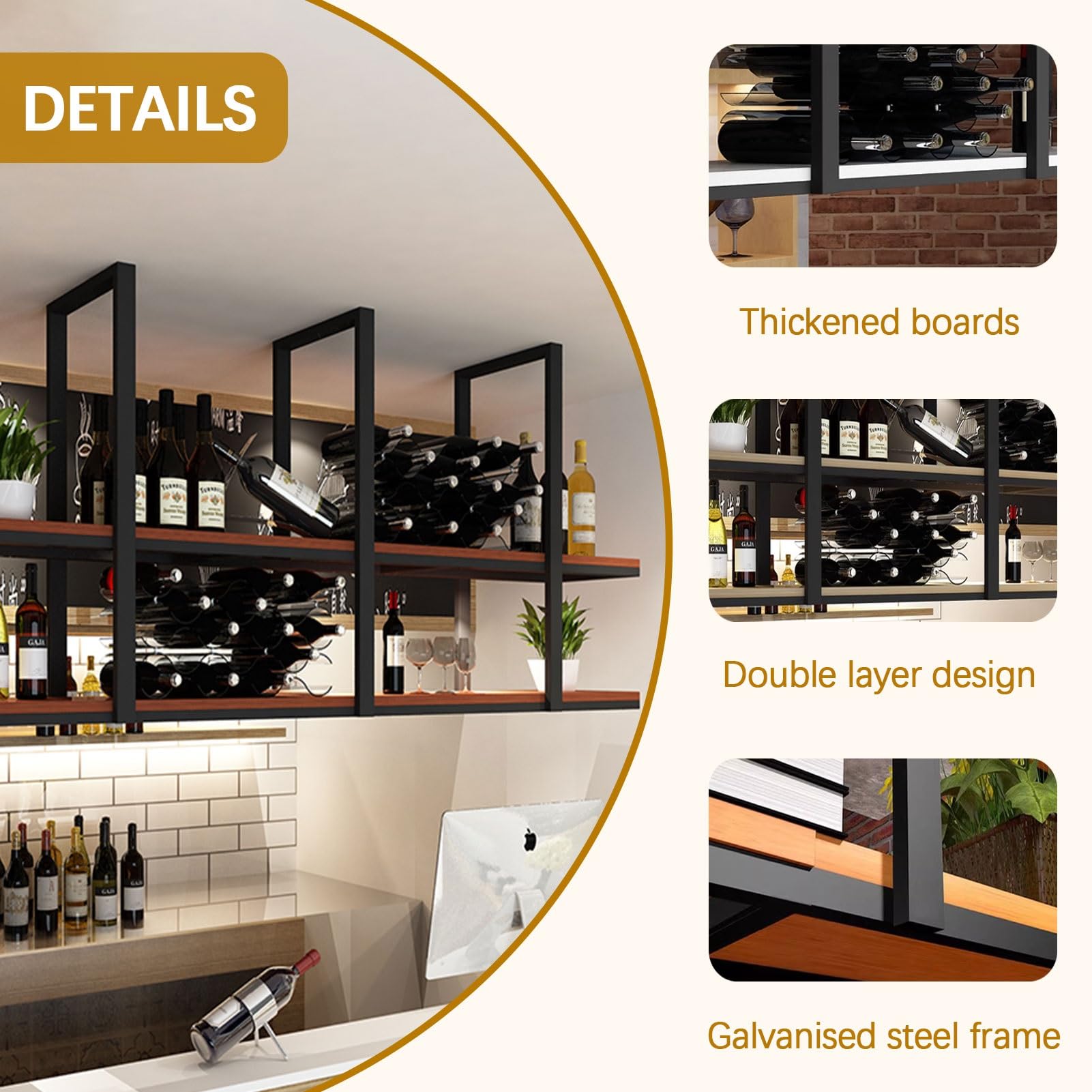 NileMAll Portabottiglie da soffitto con 2 luci - Portabottiglie e portabicchieri Scaffali galleggianti Piante Moderne Foto Bottiglie di Vino Espositore Scaffale per Cucina Sala da Pranzo Home Bar