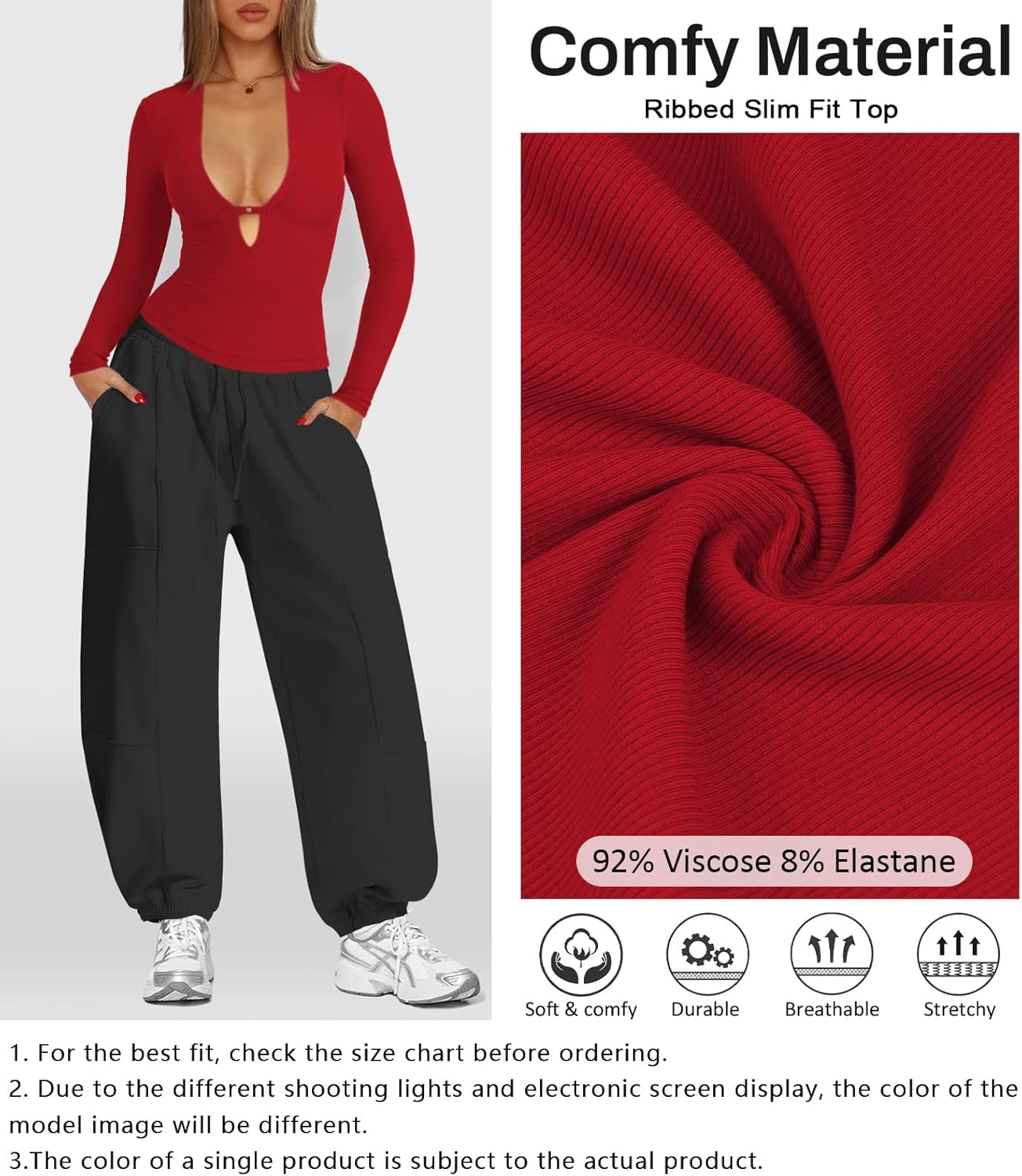 Women's Long Sleeve Deep V Neck Shirt Ribbed Knit Going Out Tops for Women Slim Fit Crop Trendy Y2k Casual Tight Shirts - Image 5