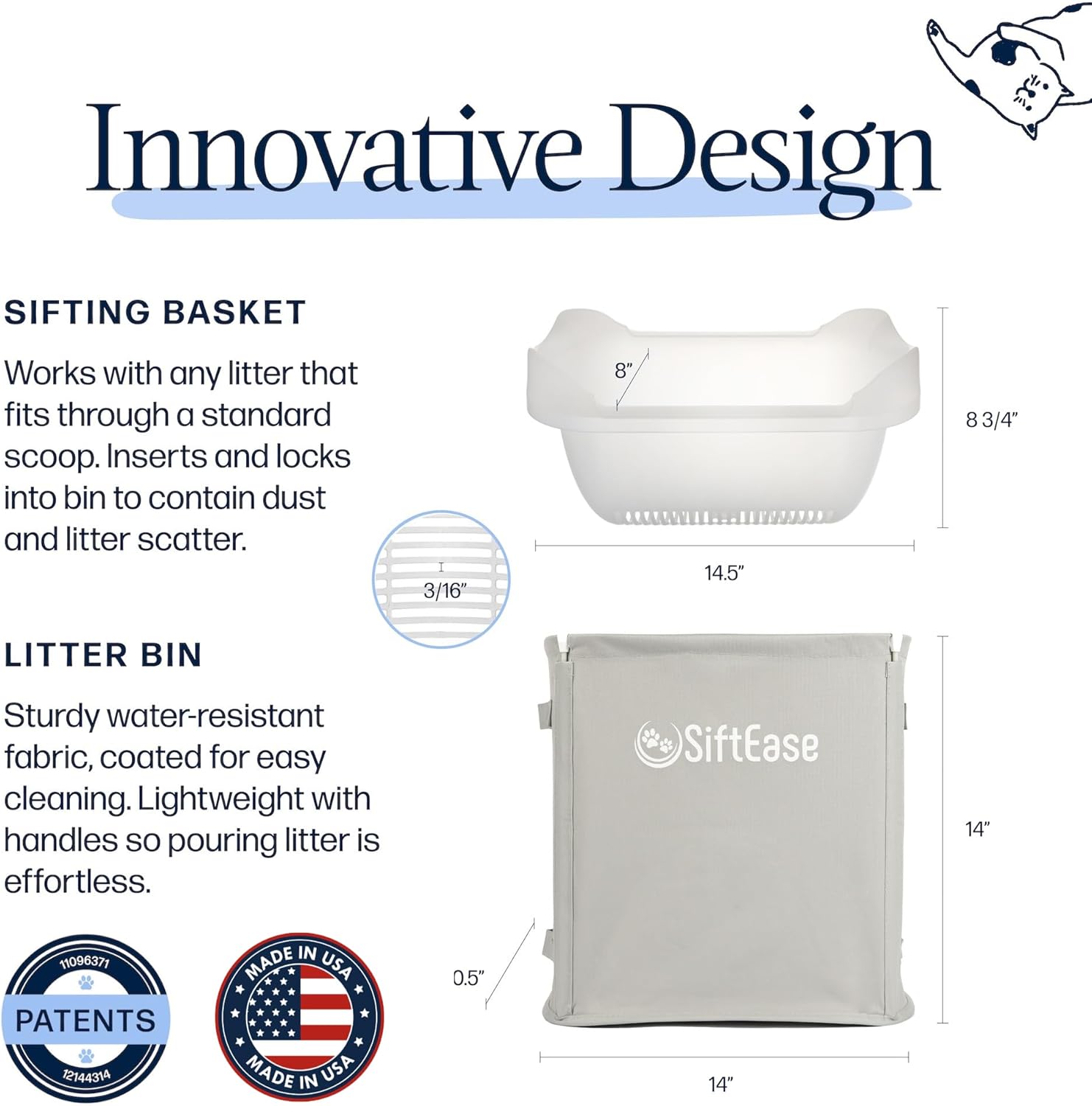 Cat Litter Sifter - SiftEase Litter Box Sifting, Fast Scoop Free Cleaning, Large Sift with Bin for Longer Lasting Litter, Easy Clean Sifting Litter Box Cleaner (Light Grey)