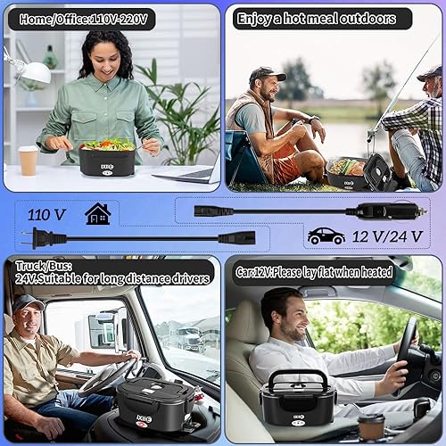Miniatura 4 de Fiambrera eléctrica de 80 W, calentador de alimentos para el trabajo, 12 V24 V110 V, calentador de almuerzo portátil para adultos con 2 recipientes
