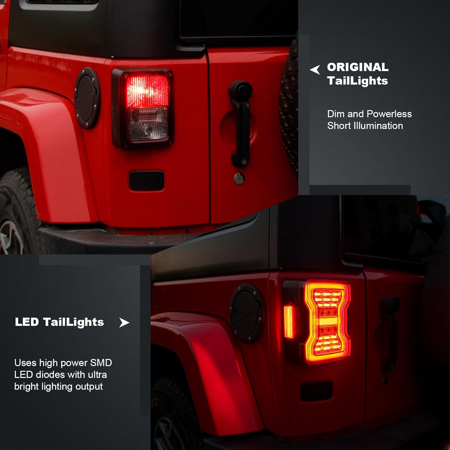 LED Tail Lights Compatible with 2007-2018 Wrangler JK JKU Unlimited Sport S Rubicon Sahara, DOT Approved Rear Taillights w/Built-in Resistors, Running, Brake, Turn Signal & Reverse Lights, Smoked Len