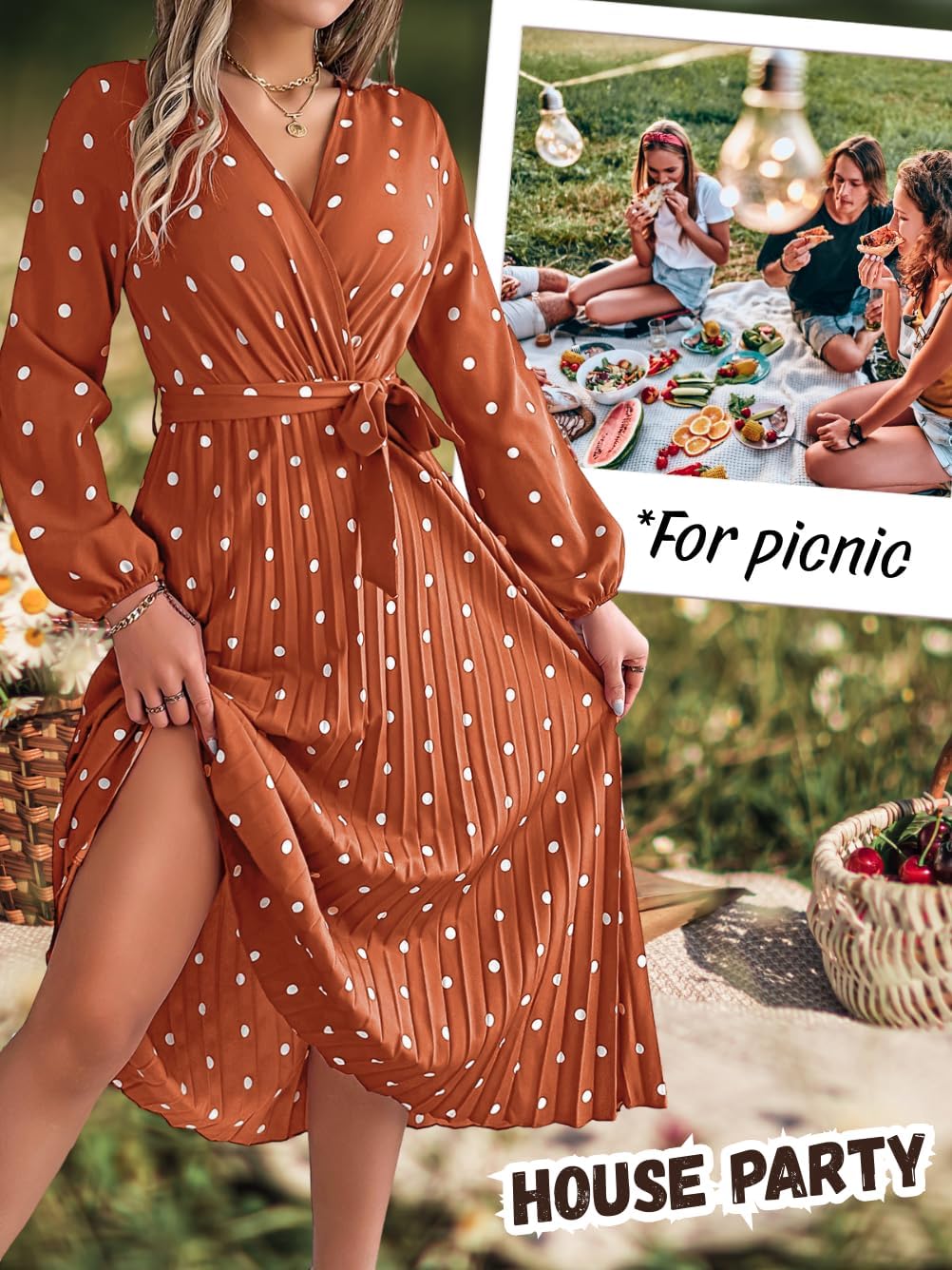 Polka Dot Maxi Dress, Pleated V Neck, Fall Holiday, Flowy A Line Business Casual Modest Long Sleeve Dresses Boho