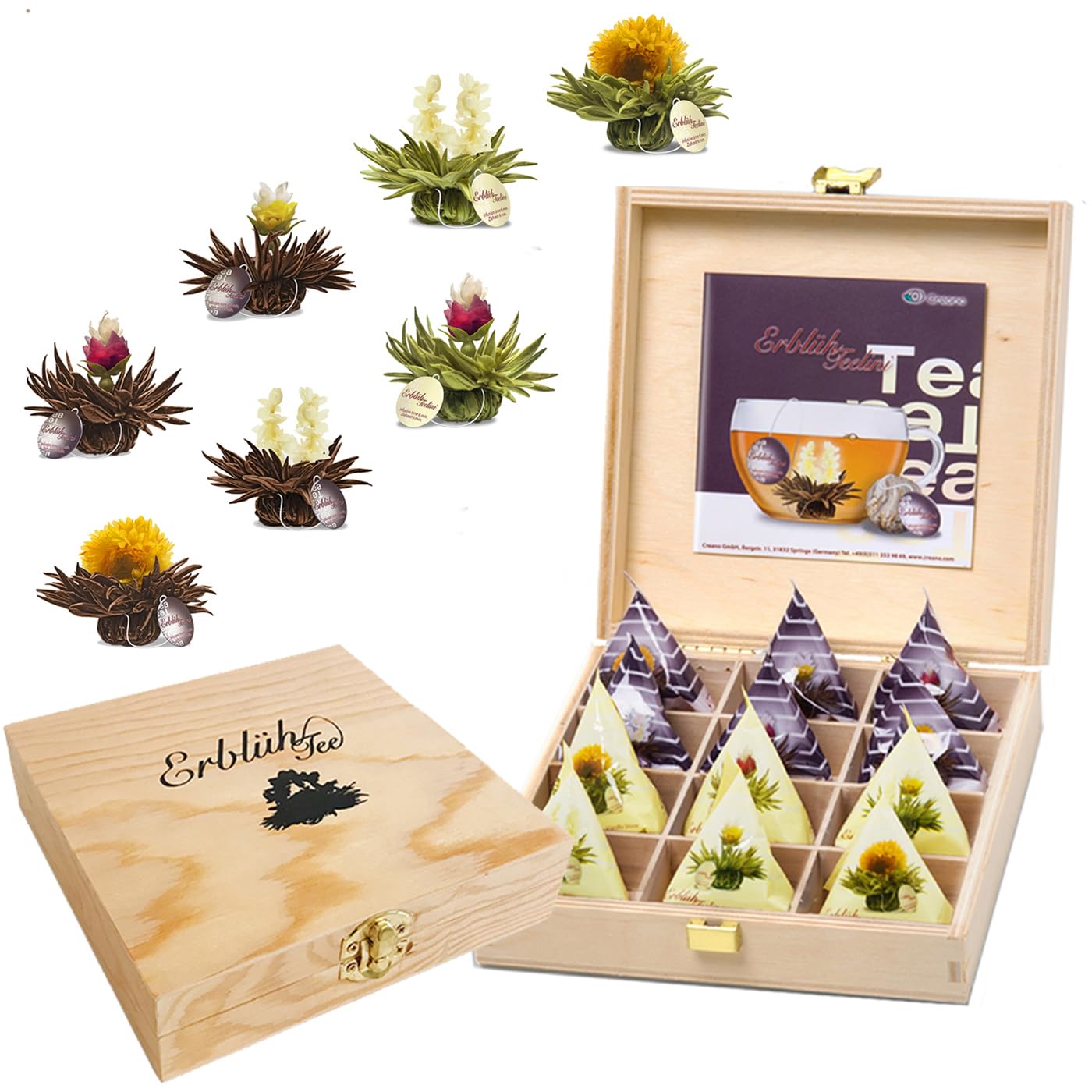 Creano Abloom Tea - Blooming Gift Set in Wooden Box - 12pcs Green, White & Black Tea
