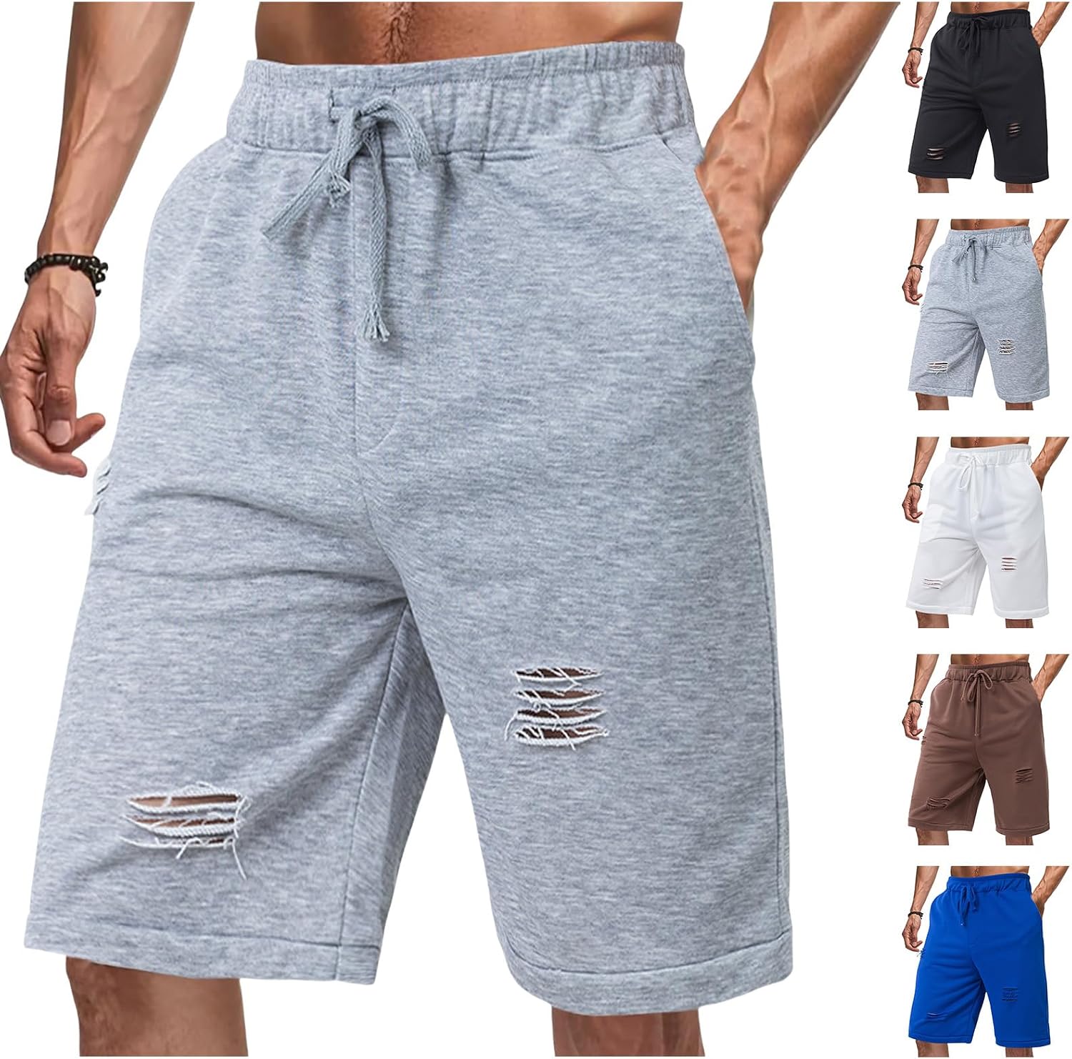 Mens Sweat Shorts Ripped Casual Elastic Waist Above Knee Workout Gym Shorts Summer Lounge Short Pants for Men