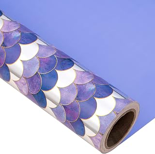 MAYPLUSS Reversible Wrapping Paper Roll - Mini Roll - 17.3 Inch X 32.8 Feet - Purple Mermaid with Glitter Metallic Foil Design (47.3 sq.ft.ttl)