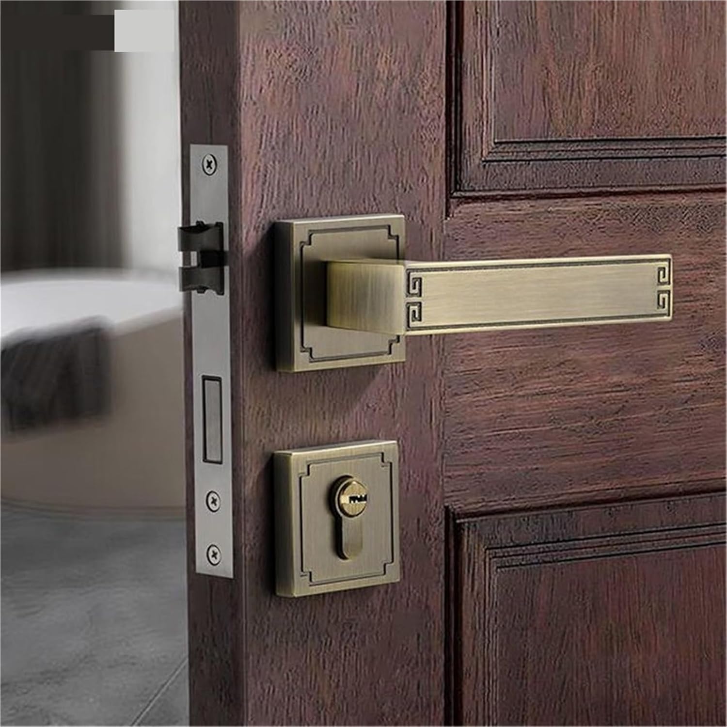 Chinese Style Split Wood Door Lock Interior Bedroom Mechanical Room Lock Solid Silent Handle Lock Furniture Hardware Accessories 1Pcs(Cyan Bronze A)