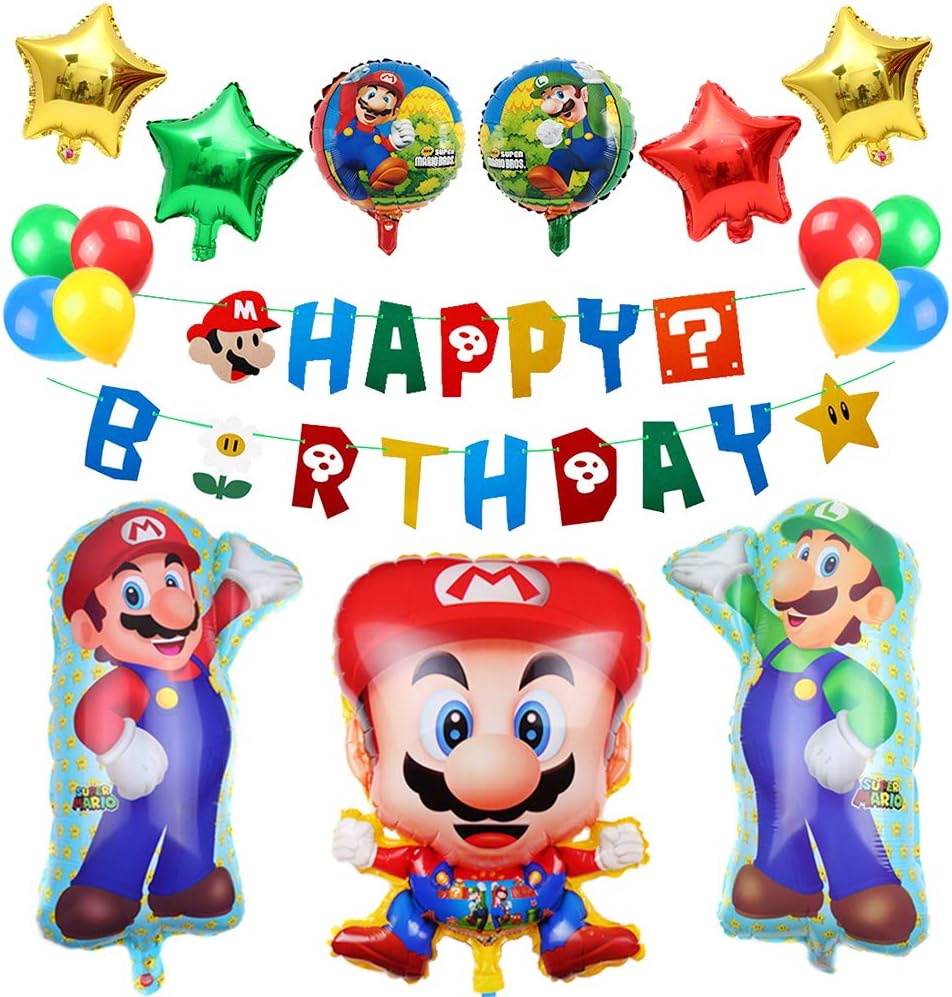 Mario Birthday Balloons Party Supplies, Super Mario Bros Happy Birthday Banner-Baby Shower Birthday Party Decorations