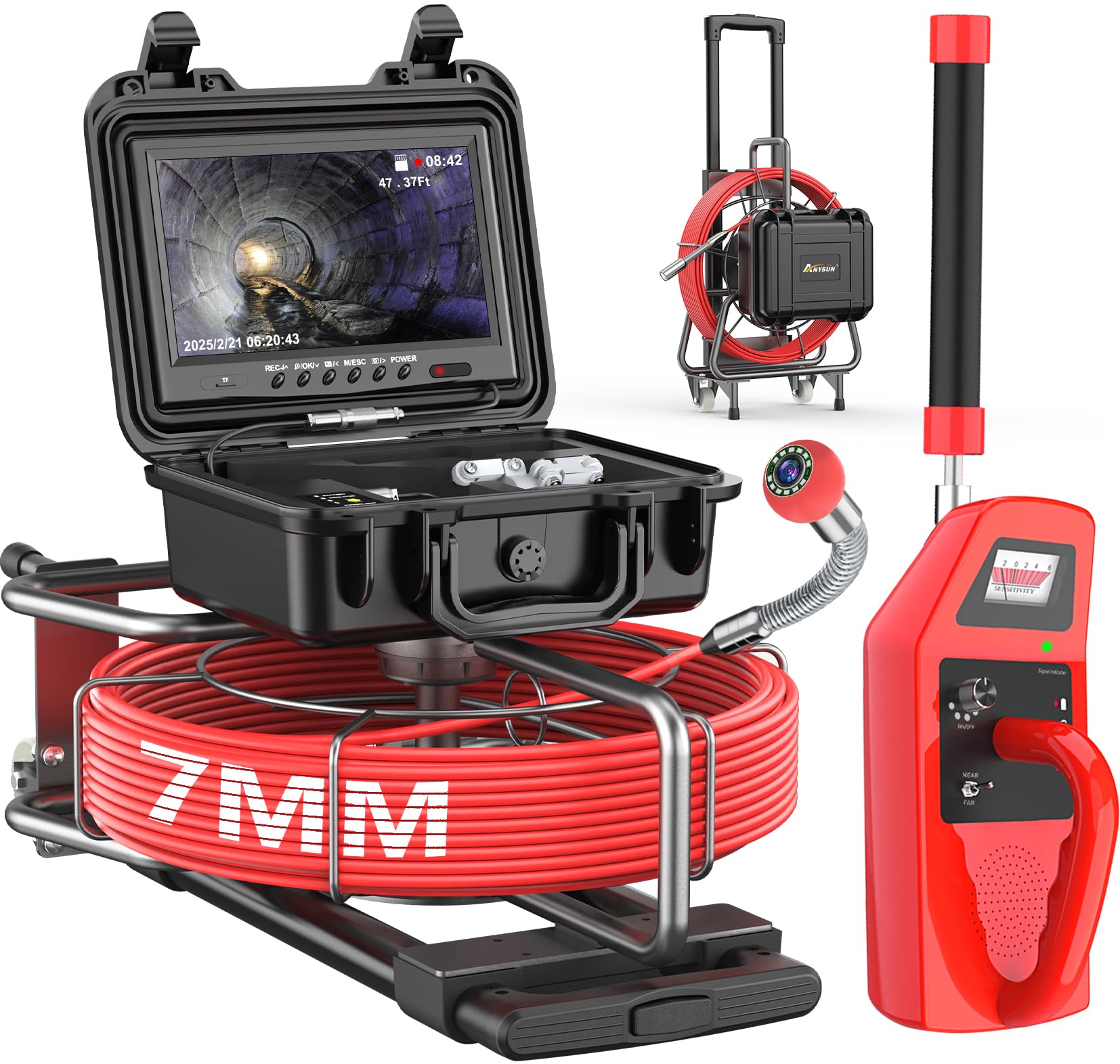 Anysun All In 1 Sewer Camera with Locator & Wheels, 7MM Cable, Self Leveling, Distance Counter, 32GB Card, 9'' HD Monitor, Sewer Pipe Drain Inspection Camera IP68 with DVR Industrial Borescope (150Ft)