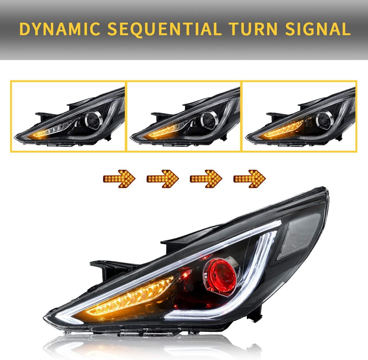 VLAND LED Headlights and Smoked Tail Lights For Hyundai Sonata 2011 2012 2013 2014, With Sequential Turn Signals Dual Beam Lens (NOT for Models without Adjusting Motor)