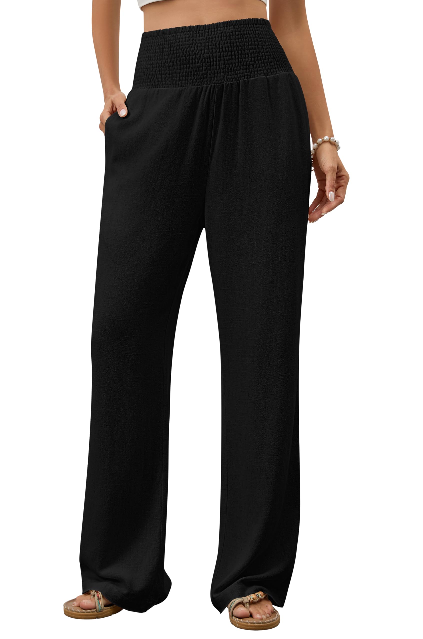 Pantalones de mujer de pierna ancha, elegantes Palazzo, informales, informales, de cintura alta, pantalones de tela largos, ligeros, cintura plisada, con bolsillos