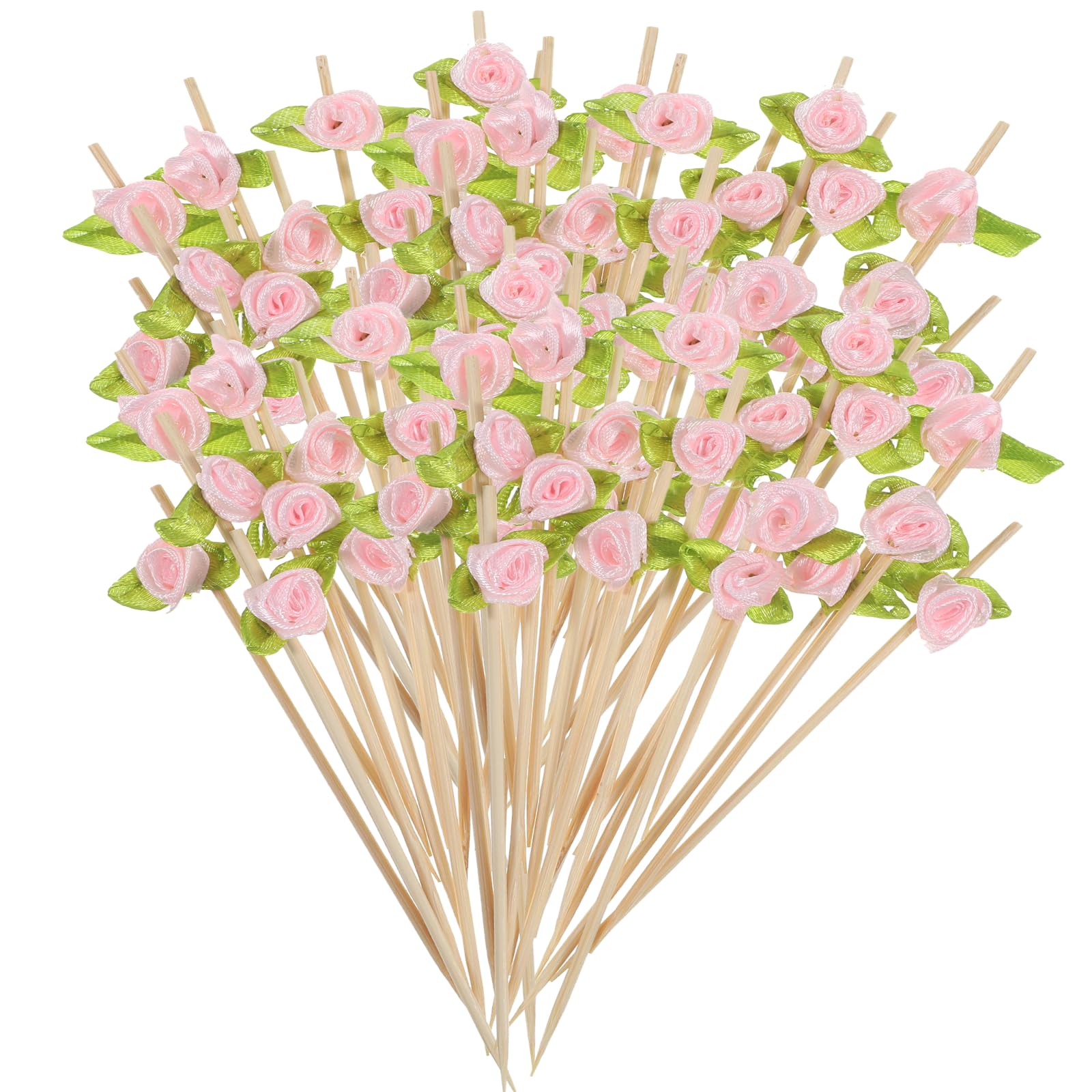 Photo 1 of 100 Pcs Rose Flower Cocktail Picks 4.7 Inch Valentine Decorations Toothpicks Long Bamboo Fancy Toothpicks Cute Flower Long Toothpick for Decorative Wedding Appetizers Food Fruit and Drink