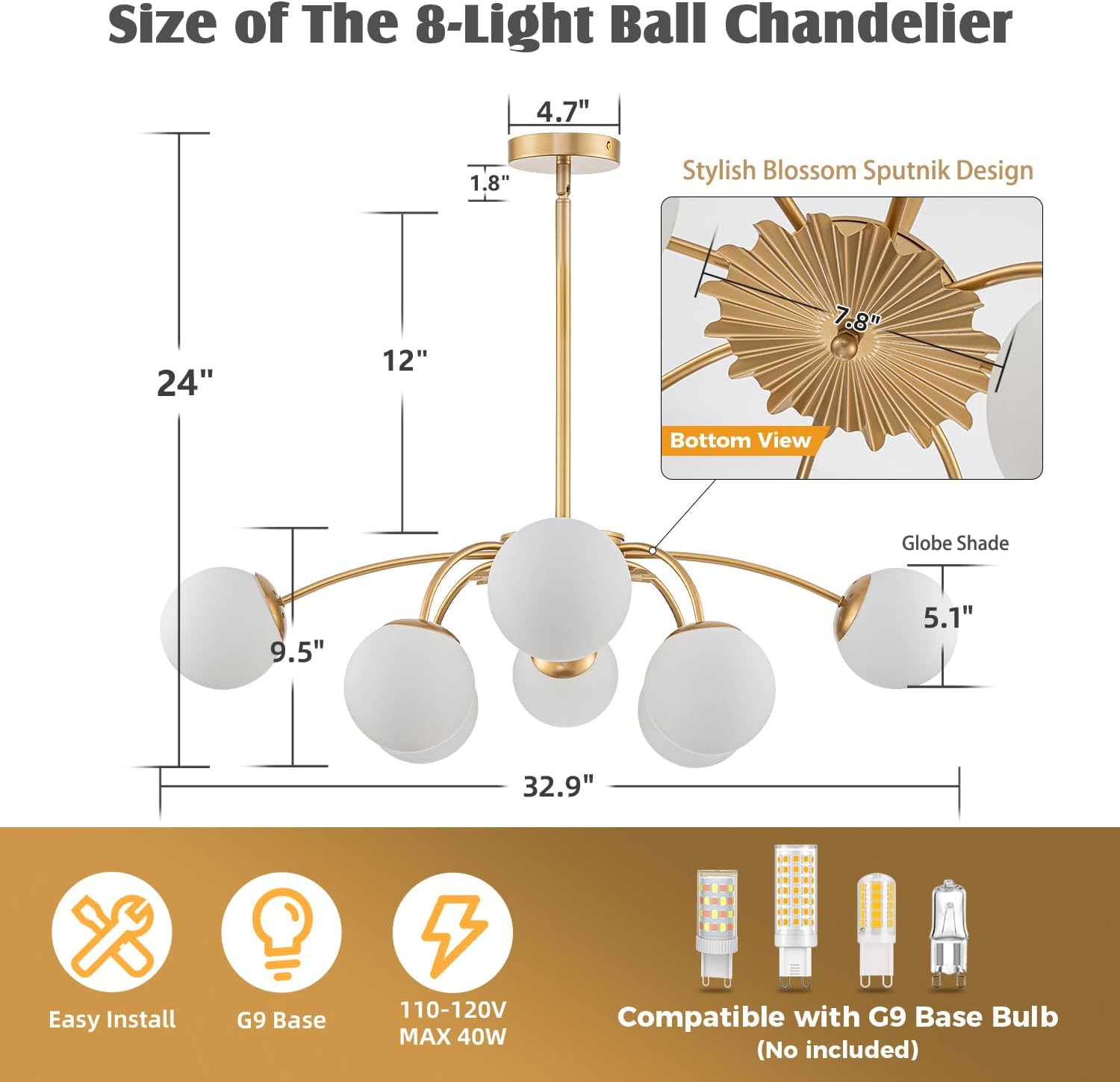 Longree 8-Light Gold and White Sputnik Chandeliers with Milk Glass Bubble Pendant Light Fixture, Blossom Accent Mid Century Sunburst Chandelier Frosted Glass Lighting for Dining Entry Living