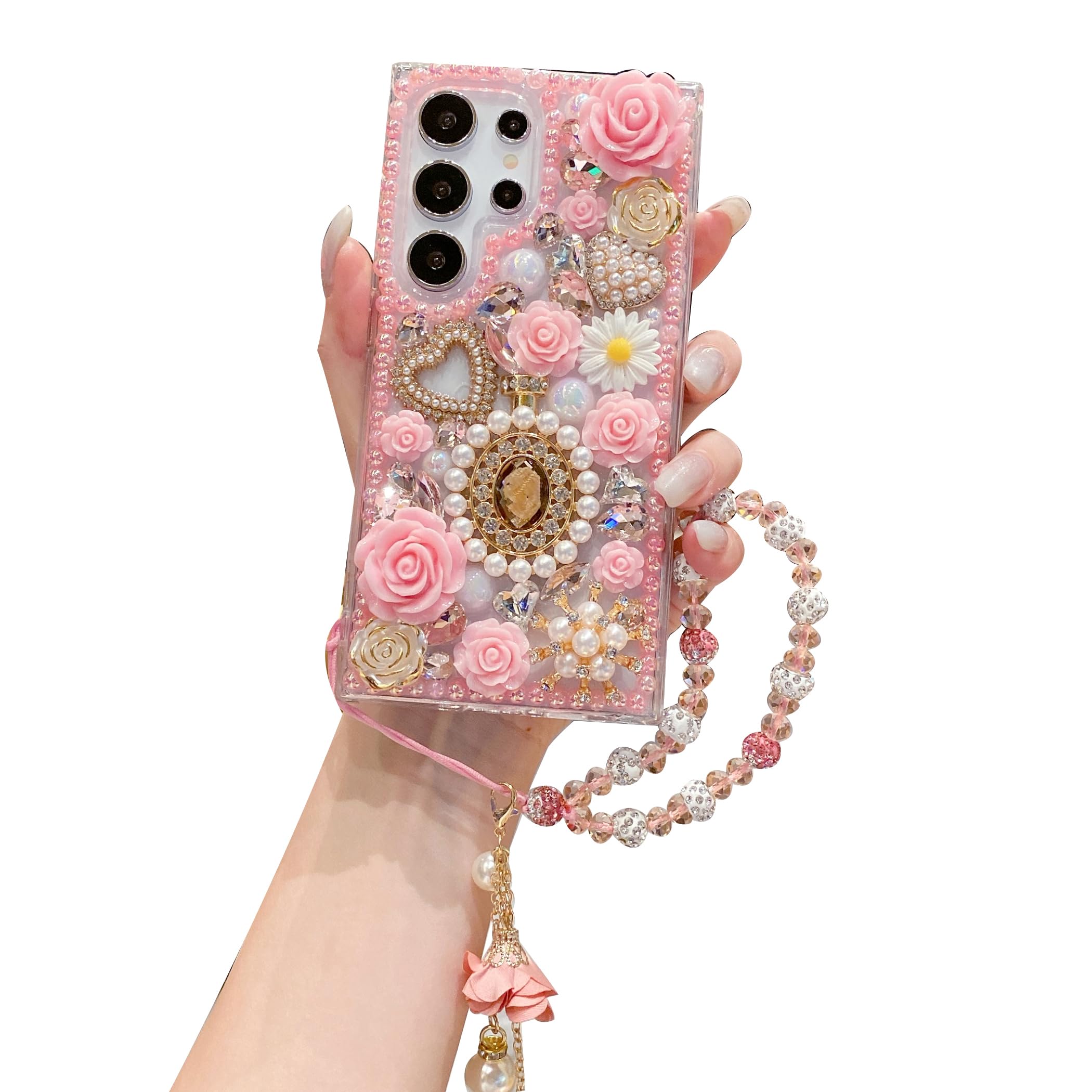 iFiLOVE for Samsung Galaxy S23FE Bling Diamond Case with Flower Strap, 3D Luxury Sparkle Glitter Crystal Rhinestone Pearl Love Rose Wristband Bracelet