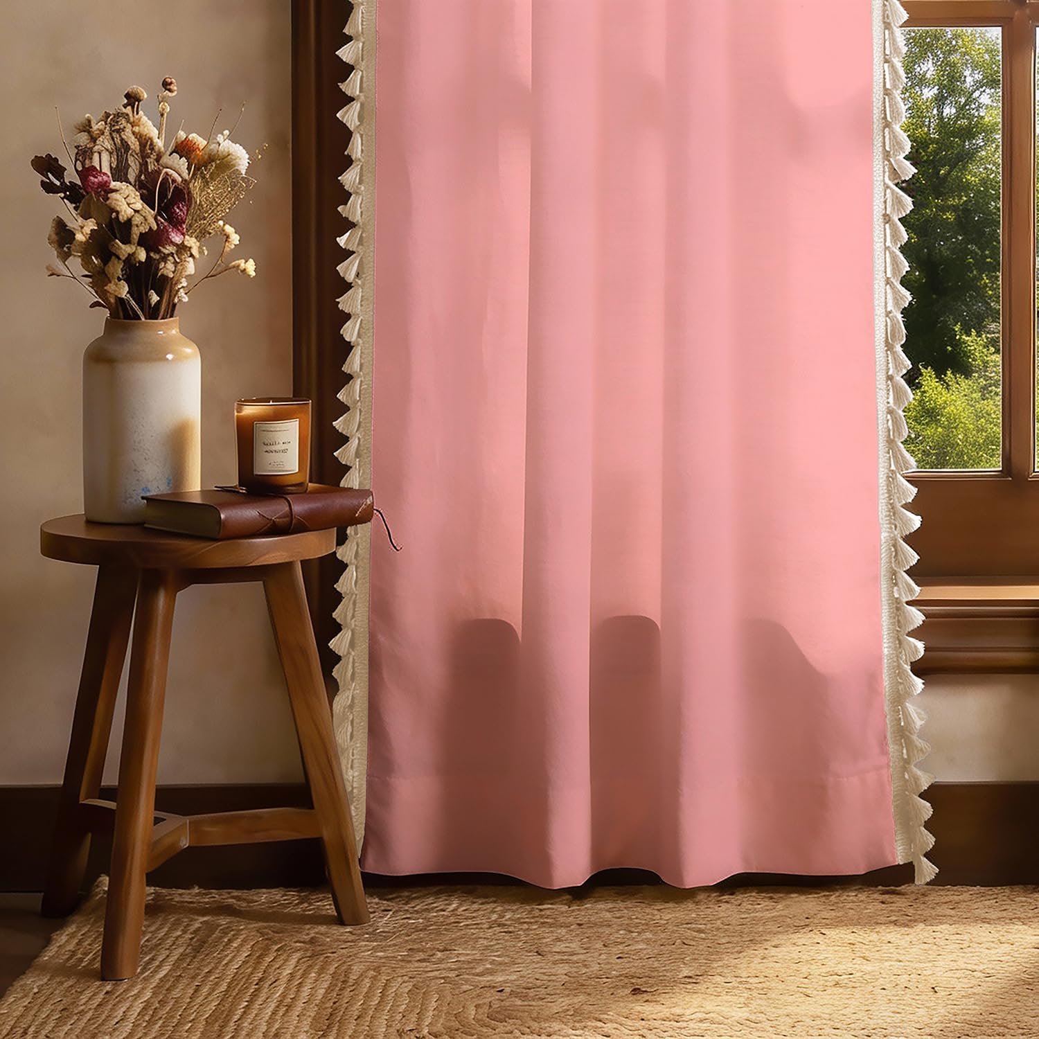 Urban Space Solid Bohemian Curtains for Window, 100% Cotton Curtain 5 Feet Long Pack of 1 Curtain with Tassels, Tieback & Eyelets Included, 60-65% Room Darkening (Aura Dusty Pink, 5 feet)-image-39