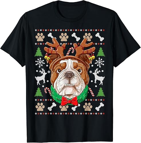 Inglés Bulldog feo Navidad Reno cuernos Navidad niñas camiseta