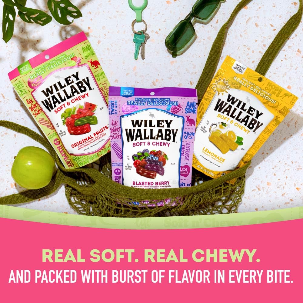 Wiley Wallaby Licorice Variety Pack - Lemonade, Original Fruits, & Blasted Berry Gourmet Australian Style Soft & Chewy Licorice Candy, 3 Pack