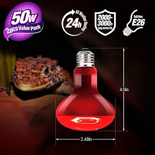 Miniatura 3 de Lámpara de calor infrarrojo para reptiles de 50 W, luz nocturna, bombilla roja para reptiles terrarios, reptiles, tortugas, dargón barbudo, lagarto,