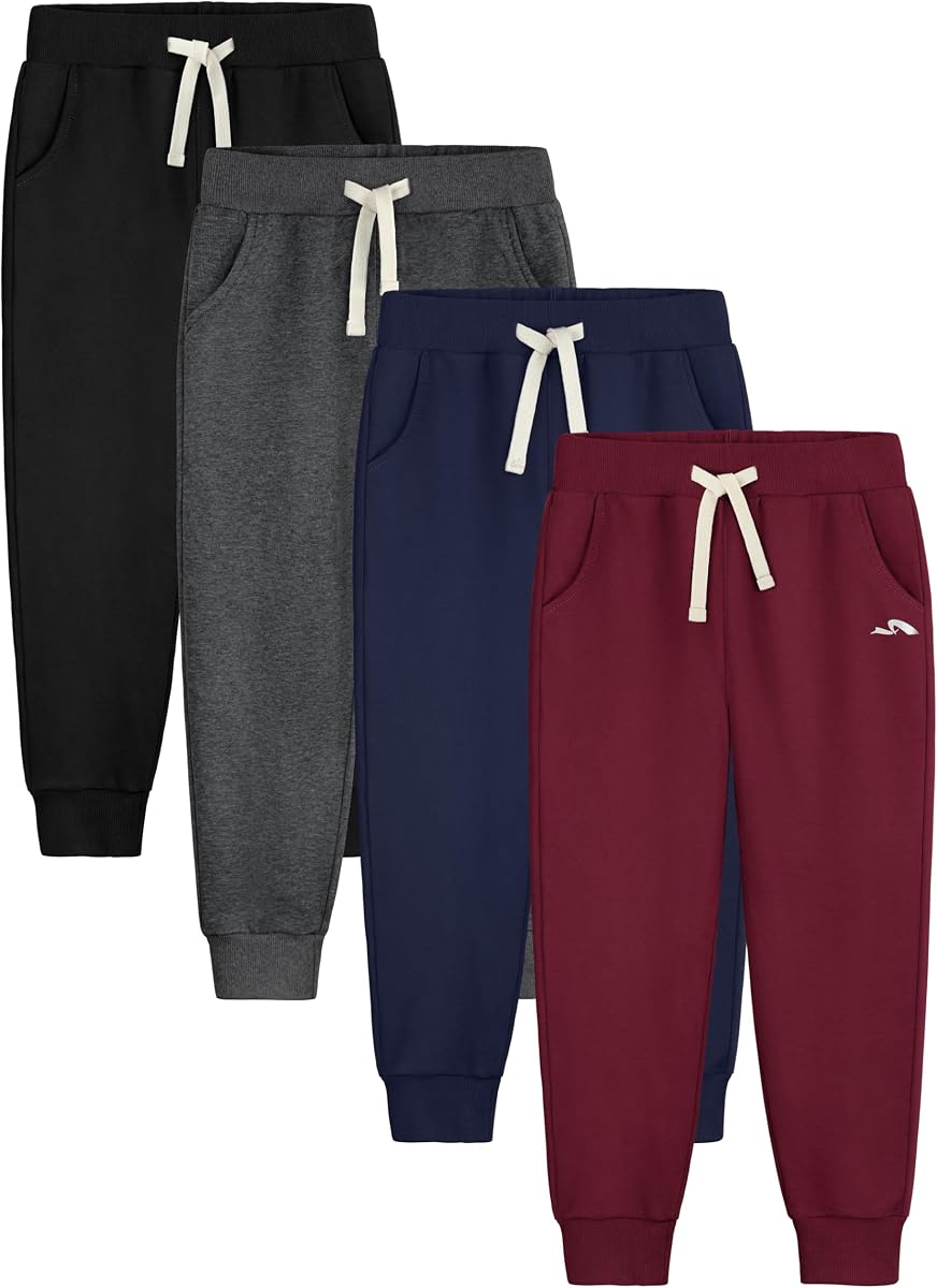 Paquete de 4 pantalones deportivos para niños, pantalones deportivos de algodón para jóvenes de 5 a 16 años | Pantalones deportivos de algodón para niños, bolsillos laterales, cintura elástica y cordón, para niños, jóvenes, adolescentes, uso diario deportivo