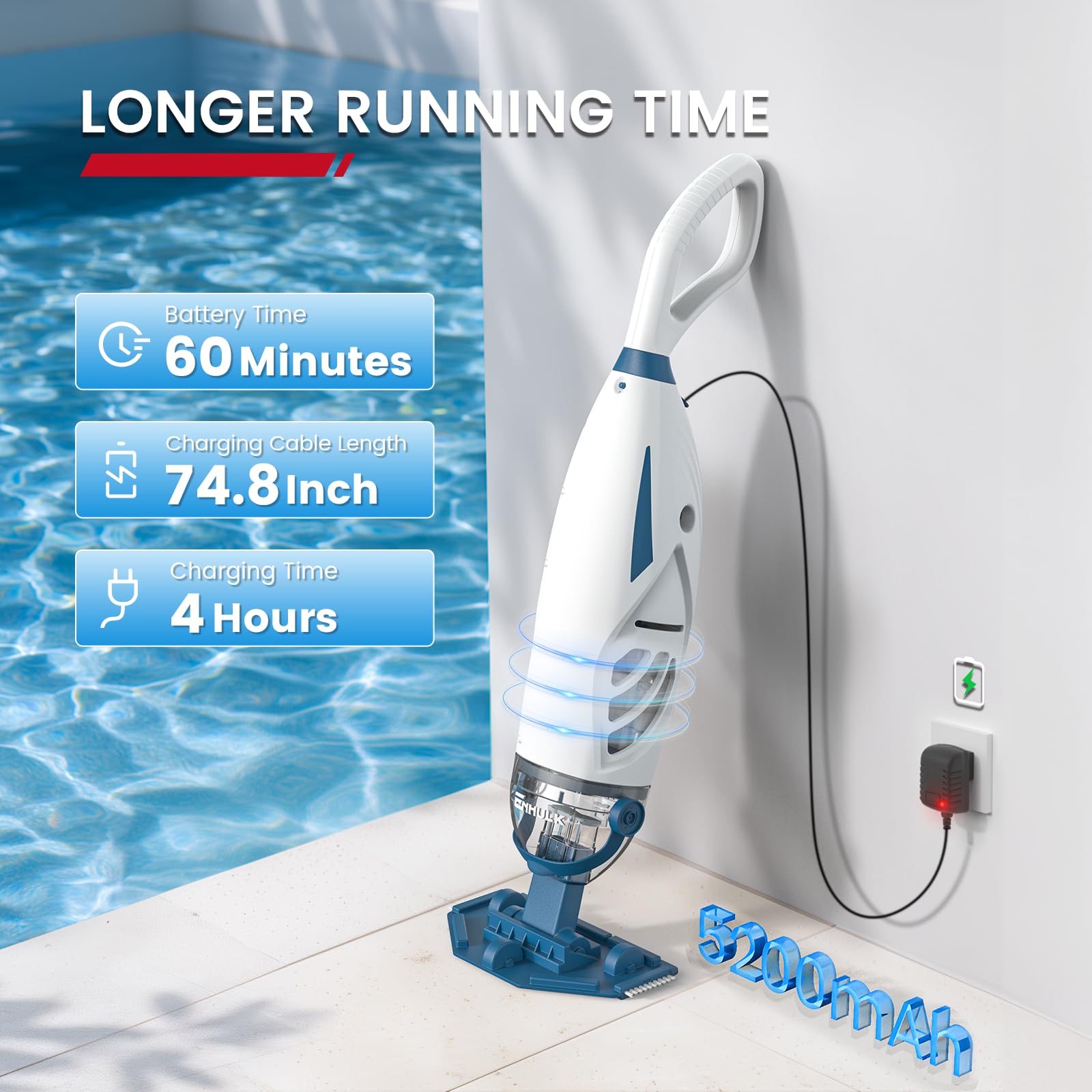 ENHULK Aspiradora inalámbrica para piscina con poste de extensión de 6 pies, potente succión mejorada de 26.5 galones/min, 2 unidades de filtro, tiempo de funcionamiento de 1 hora, limpiador de