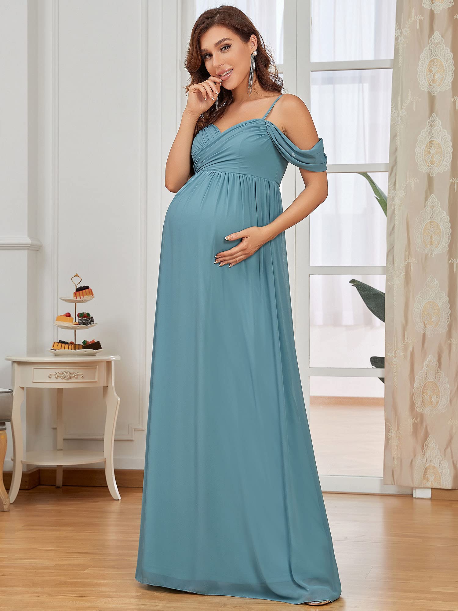 Ever-Pretty Abito da Cerimonia Premaman Tracolla Regolabile Scollo a V Linea ad A Chiffon Lunghezza del Piano da Donna EY20809