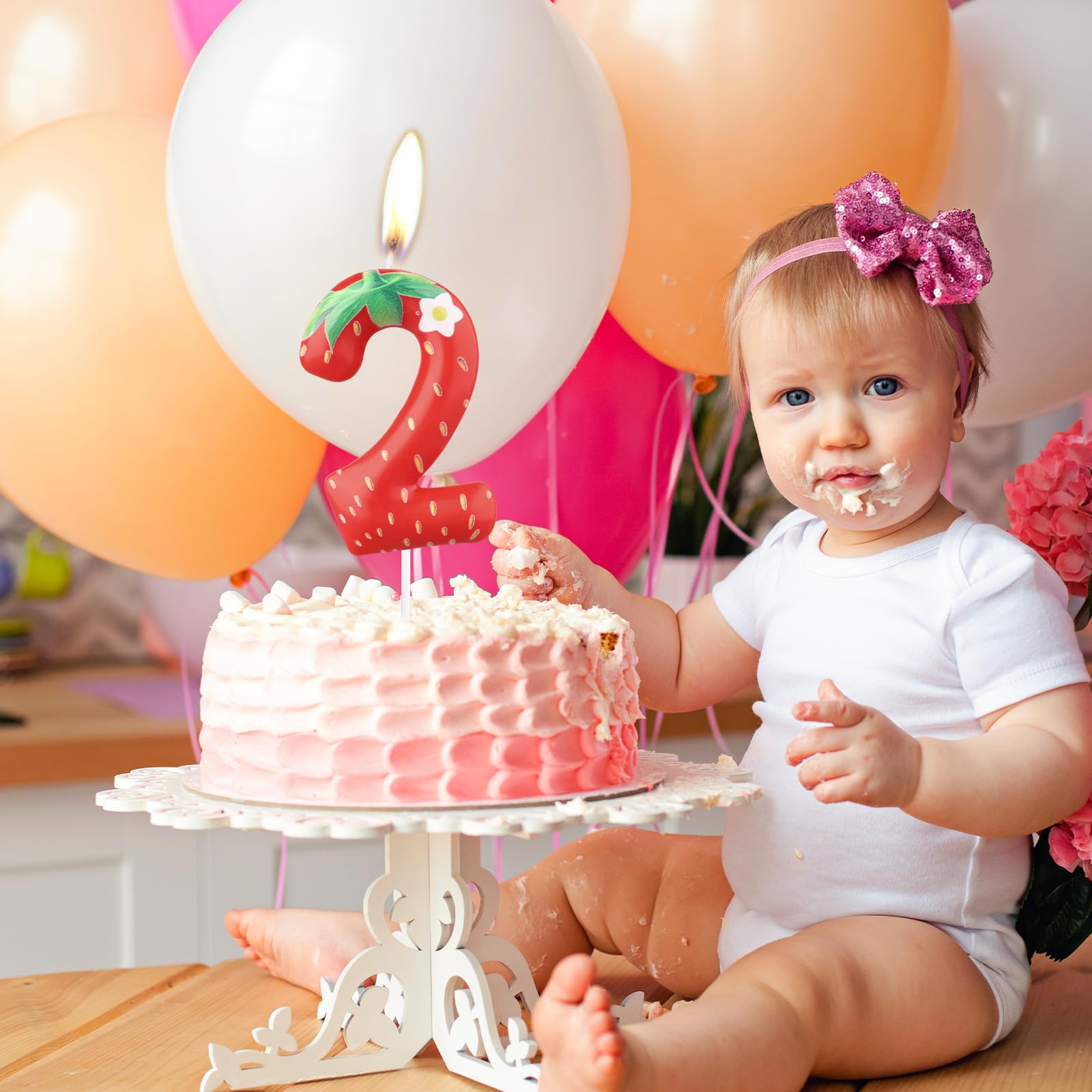 Bougie Chiffre 1 Fraise Rose - Pour 1er Anniversaire Bébé Fille, Décoration Gâteau Mignonne
