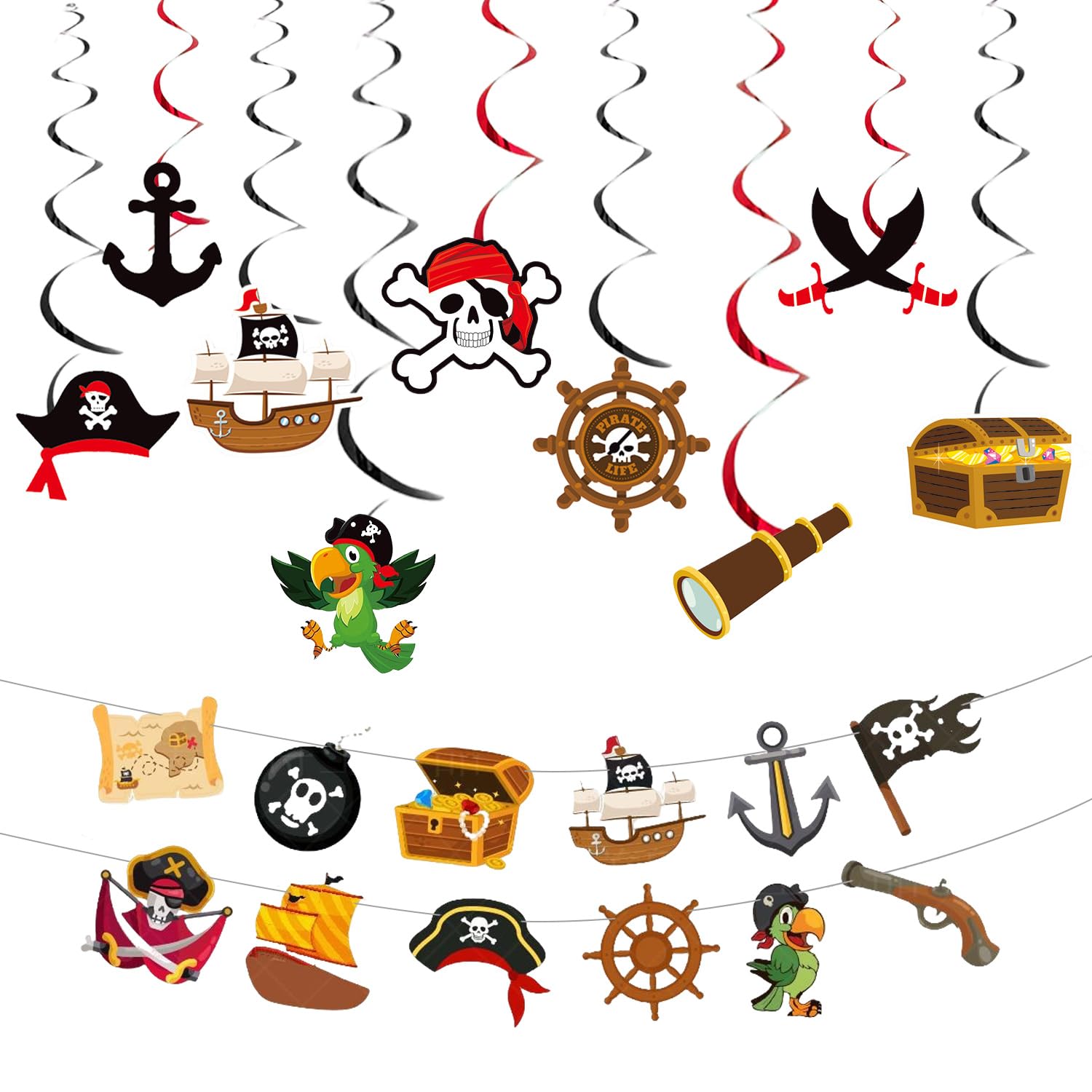 RNSKFG 9 Pirate Spiral Pendant And 2 Pirate Pulling Flags, Pirate Theme Decoration, Children'S Birthday Banners, Party Decorations.